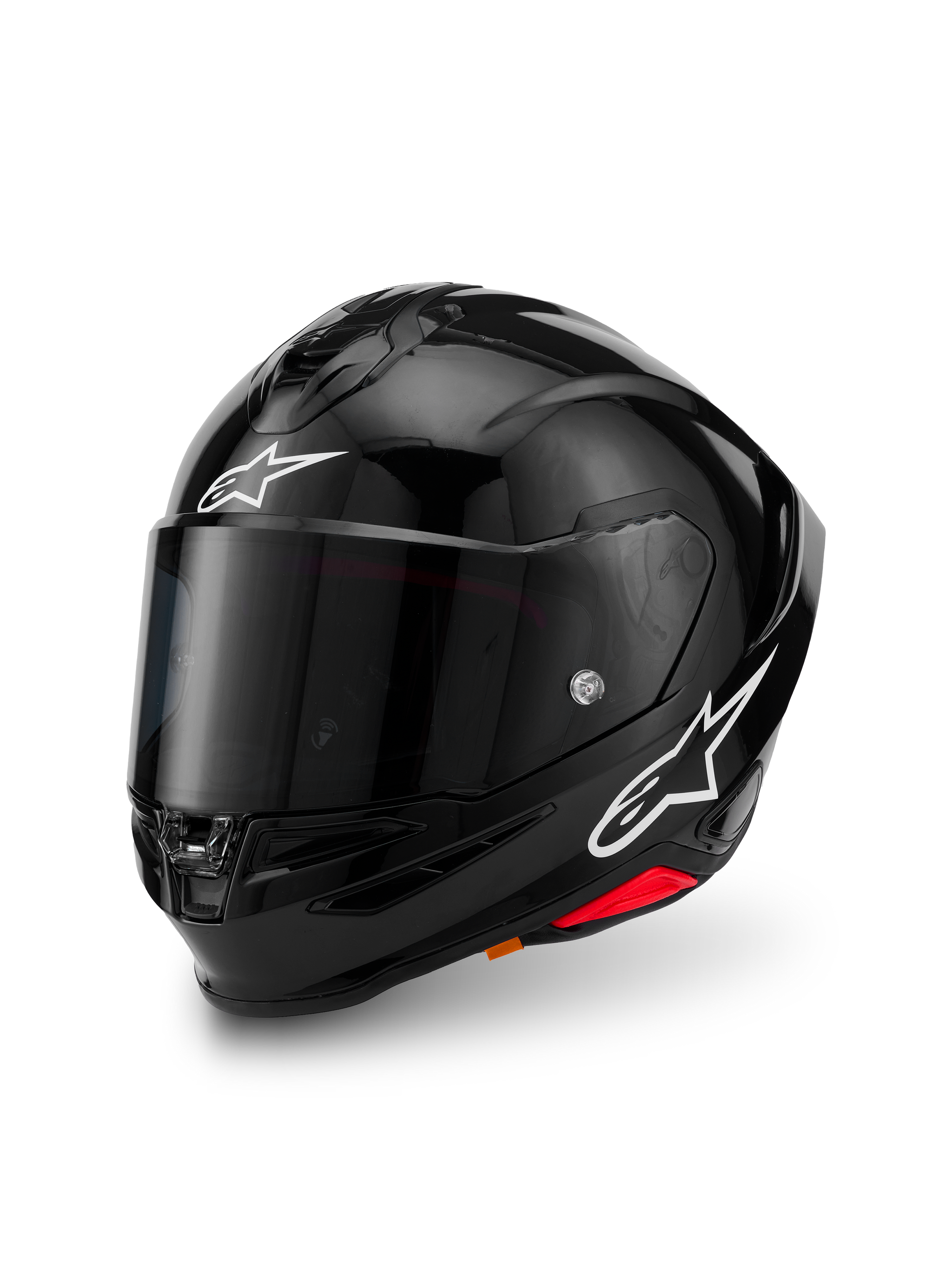 Alpinestars S-R7 Solid Helmet, Black Glossy, full-face motorcycle helmet with carbon composite shell, white star logos on forehead and side, aerodynamic design with integrated spoiler and ventilation ports