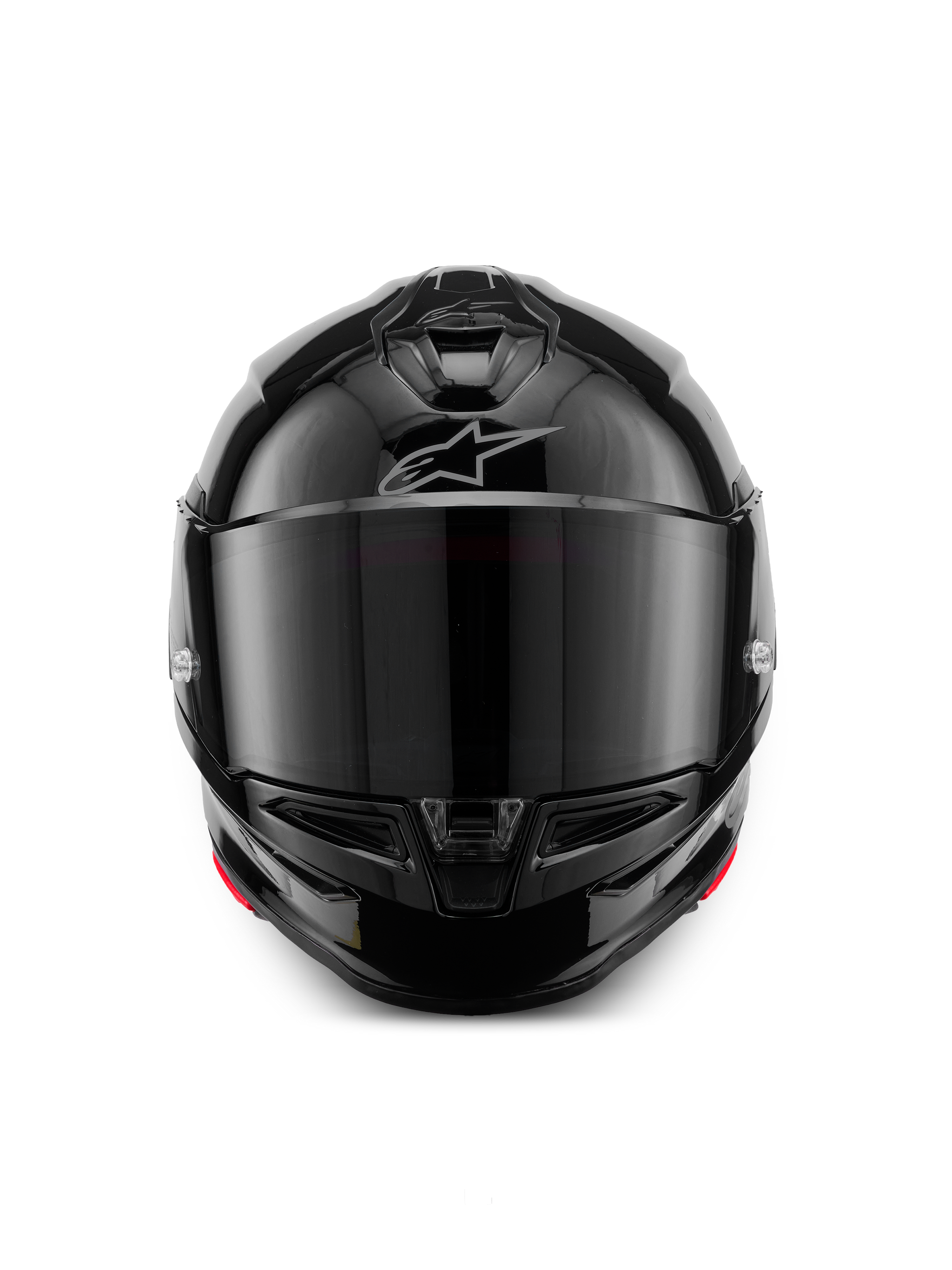 Alpinestars S-R7 Solid Helmet, Full-Face Motorcycle Helmet, Black Glossy, front view with a dark tinted visor, streamlined aerodynamic shell featuring chin and top vents, subtle silver Alpinestars logo on the forehead.