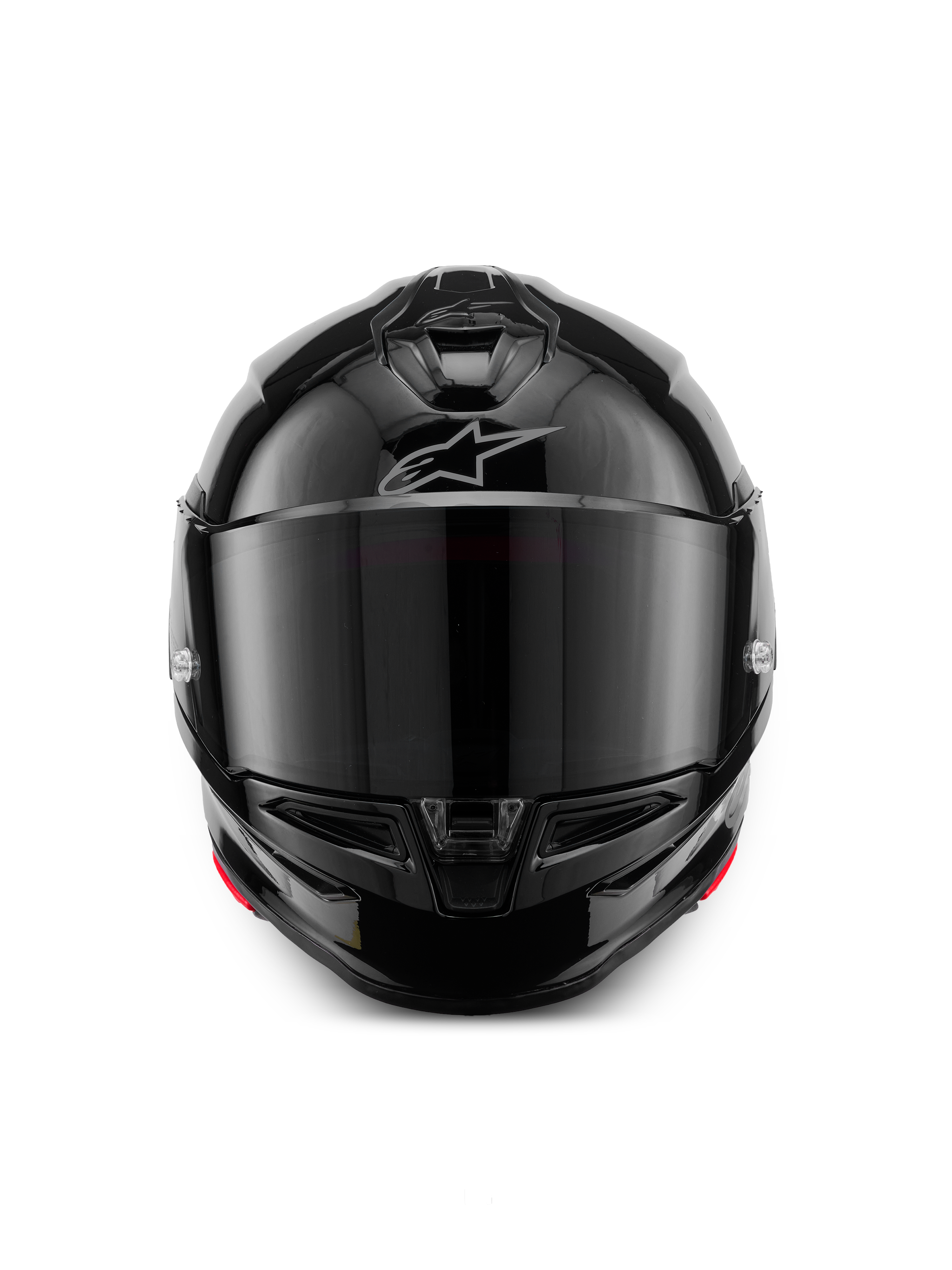 Alpinestars S-R7 Solid Helmet, Full-Face Motorcycle Helmet, Black Glossy, front view with a dark tinted visor, streamlined aerodynamic shell featuring chin and top vents, subtle silver Alpinestars logo on the forehead.