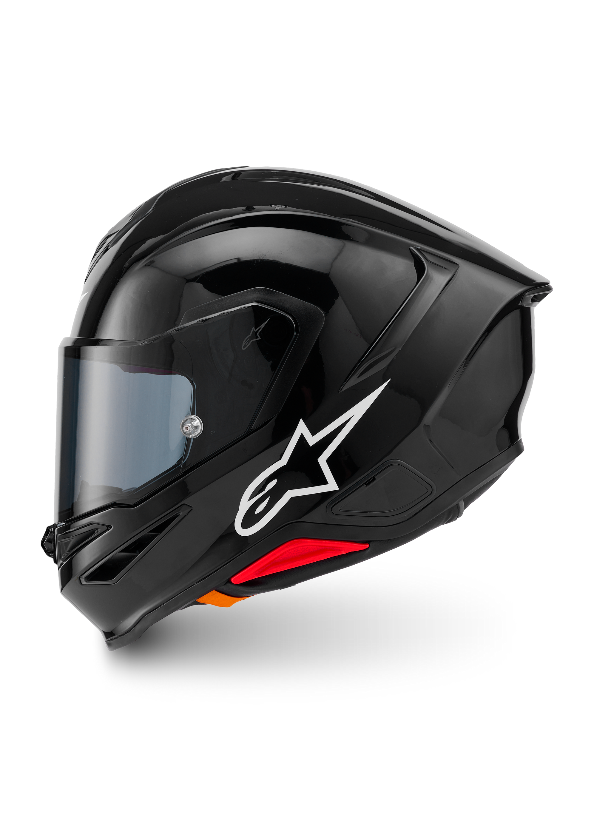 Alpinestars S-R7 Solid Helmet, full-face motorcycle helmet, Black Glossy, left side profile view featuring white Alpinestars logo, aerodynamic shell with integrated spoiler, tinted visor, and red emergency release accents.