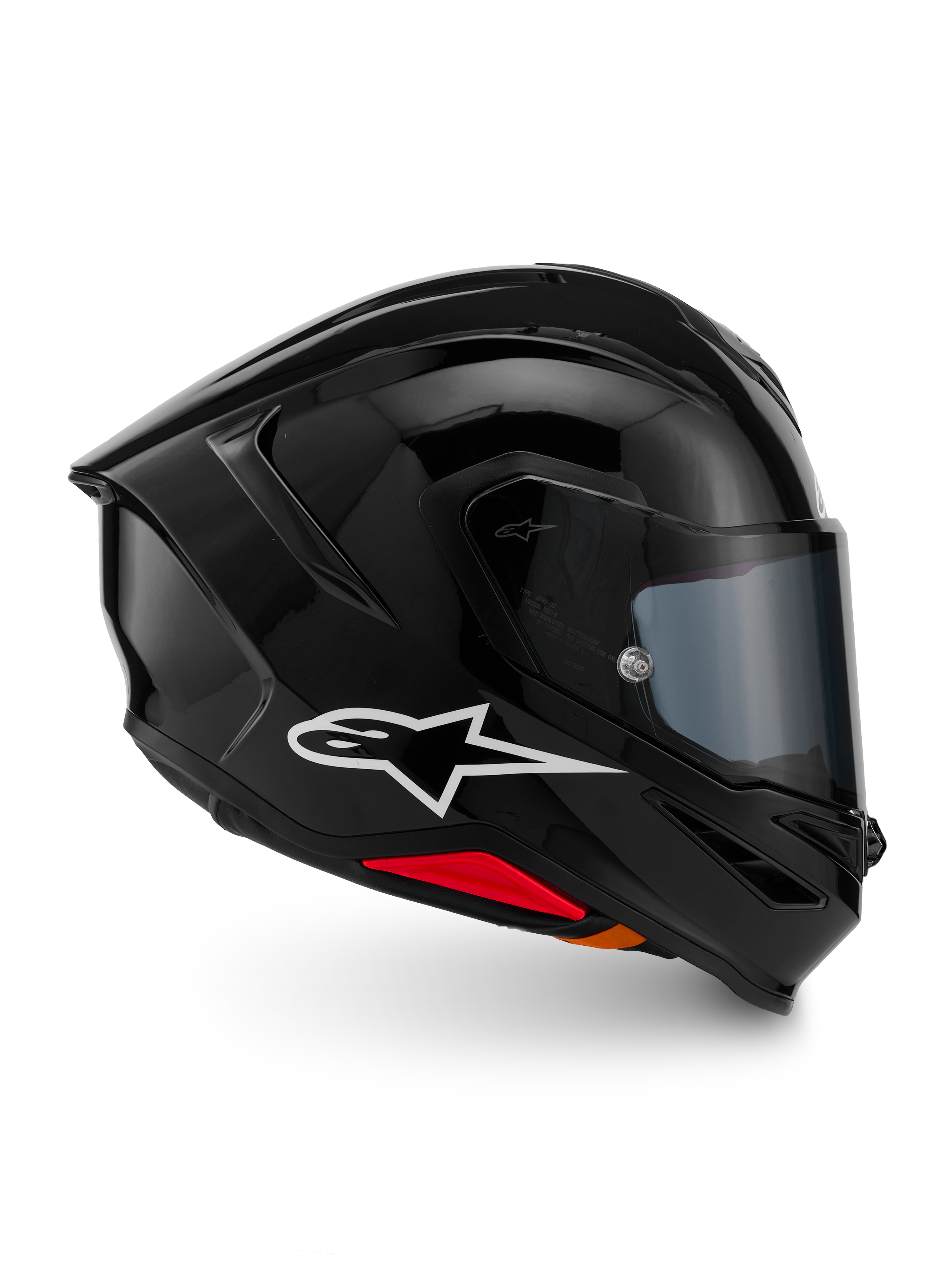 Alpinestars S-R7 Solid Helmet, Full-Face Motorcycle Helmet, Black Glossy, profile view featuring a white A-star logo, streamlined aerodynamic shell with integrated spoiler and red accents at the base, designed for racing and sport performance.