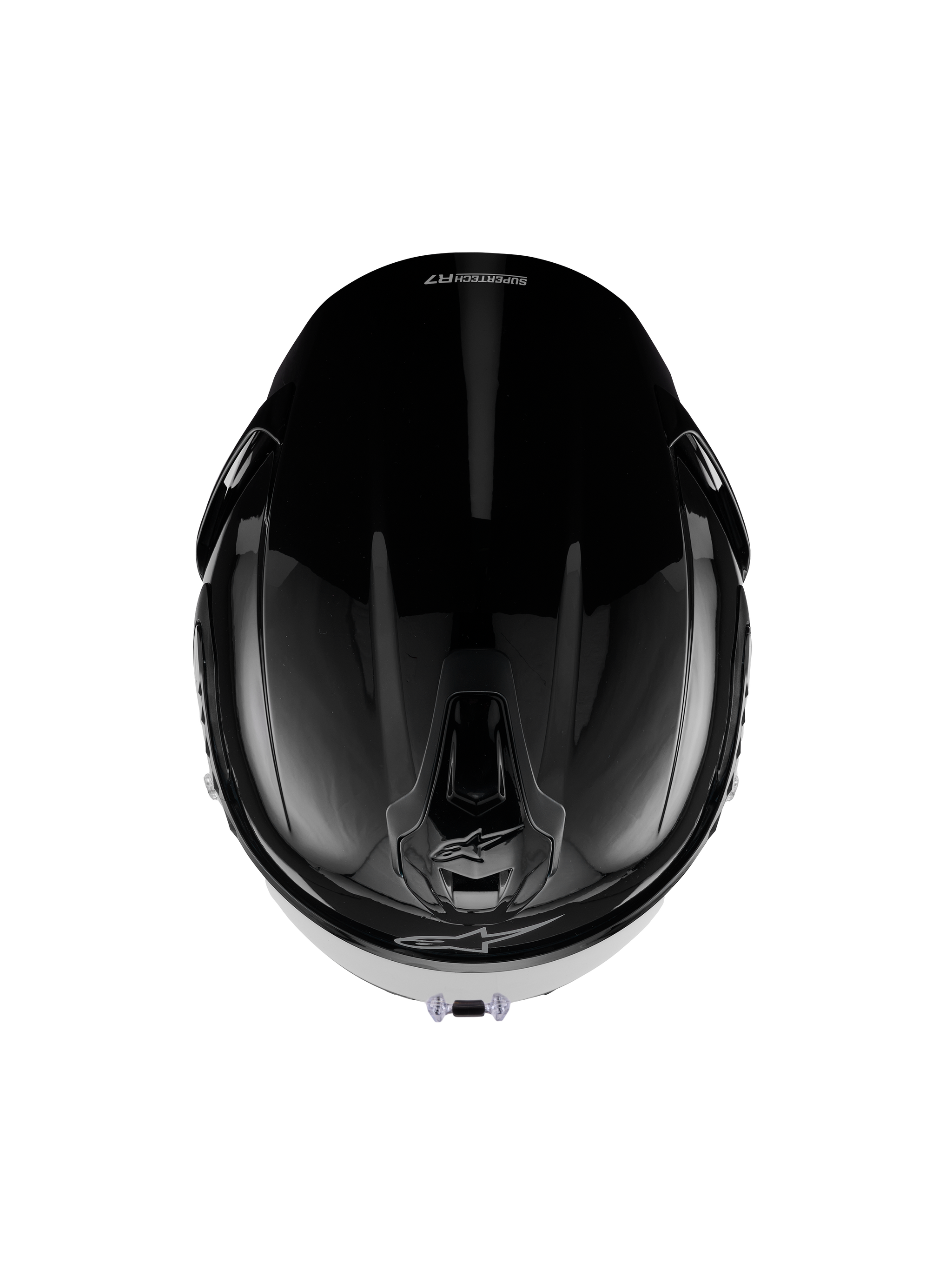 Alpinestars S-R7 Solid Helmet, Full-Face Motorcycle Helmet, Black Glossy, top-down view showing aerodynamic shell, ventilation ports, and sleek glossy finish