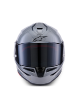 Alpinestars S-R7 Solid Helmet, Full-Face Motorcycle Helmet, Gray Glossy, front view with dark tinted visor, black A-star logo on forehead, aerodynamic shell with integrated ventilation, designed for racing and sport performance.