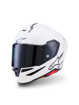 Alpinestars S-R7 Solid Helmet, Full-face Motorcycle Helmet, White Glossy, dark smoke visor, black star logo on forehead and side, aerodynamic shell with ventilation ports and red accents, high-performance racing and road gear
