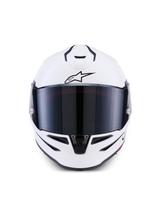 Alpinestars S-R7 Solid Helmet, Full-Face Motorcycle Helmet, White Glossy, front-facing view with dark tinted visor, aerodynamic shell with integrated vents, professional racing and sport gear