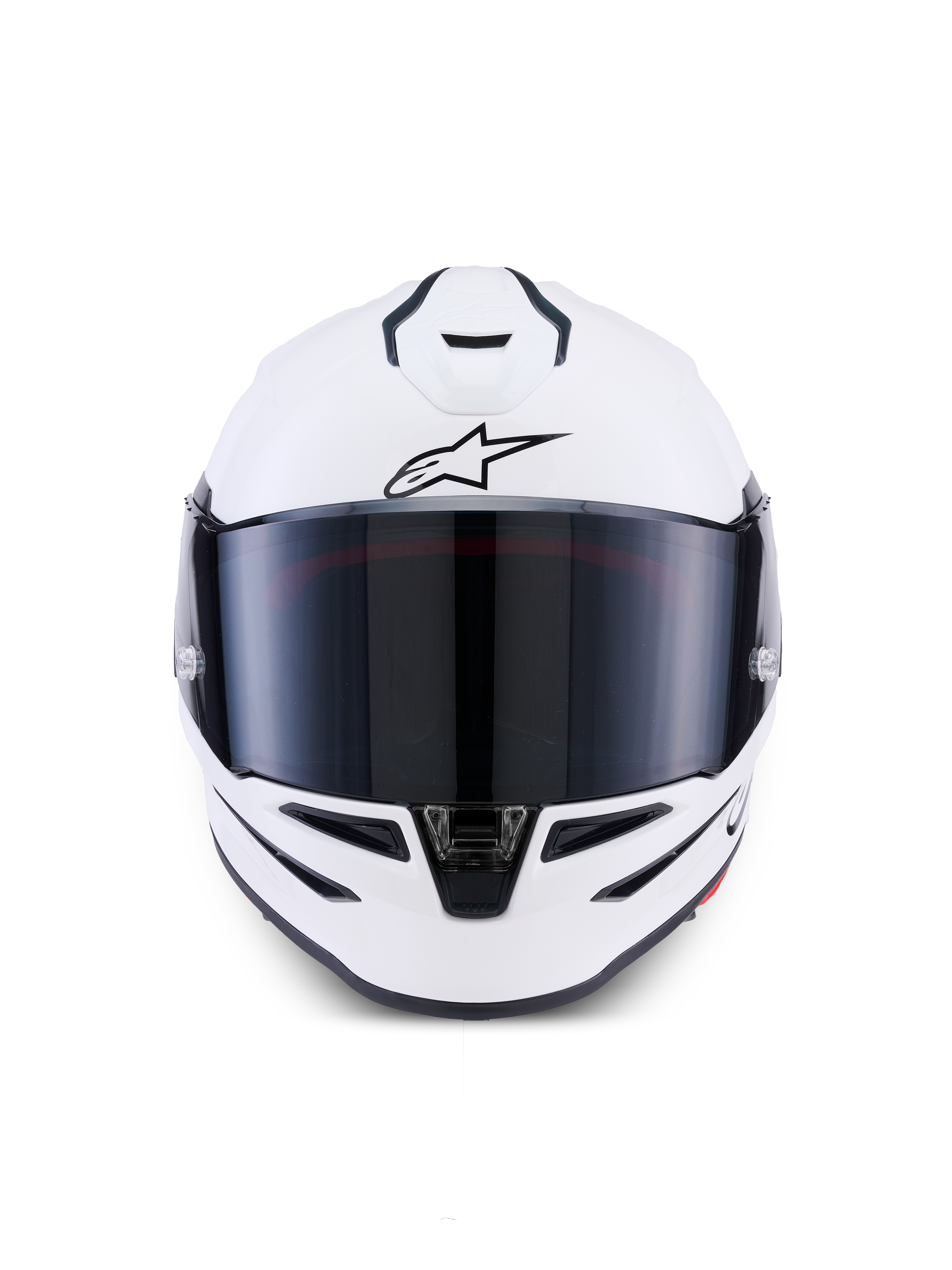 Alpinestars S-R7 Solid Helmet, Full-Face Motorcycle Helmet, White Glossy, front-facing view with dark tinted visor, aerodynamic shell with integrated vents, professional racing and sport gear