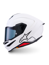 Alpinestars S-R7 Solid Helmet, full-face motorcycle helmet, White Glossy, sleek aerodynamic shell with an integrated rear spoiler, clear visor, and multiple ventilation ports, high-performance racing and sport protective gear