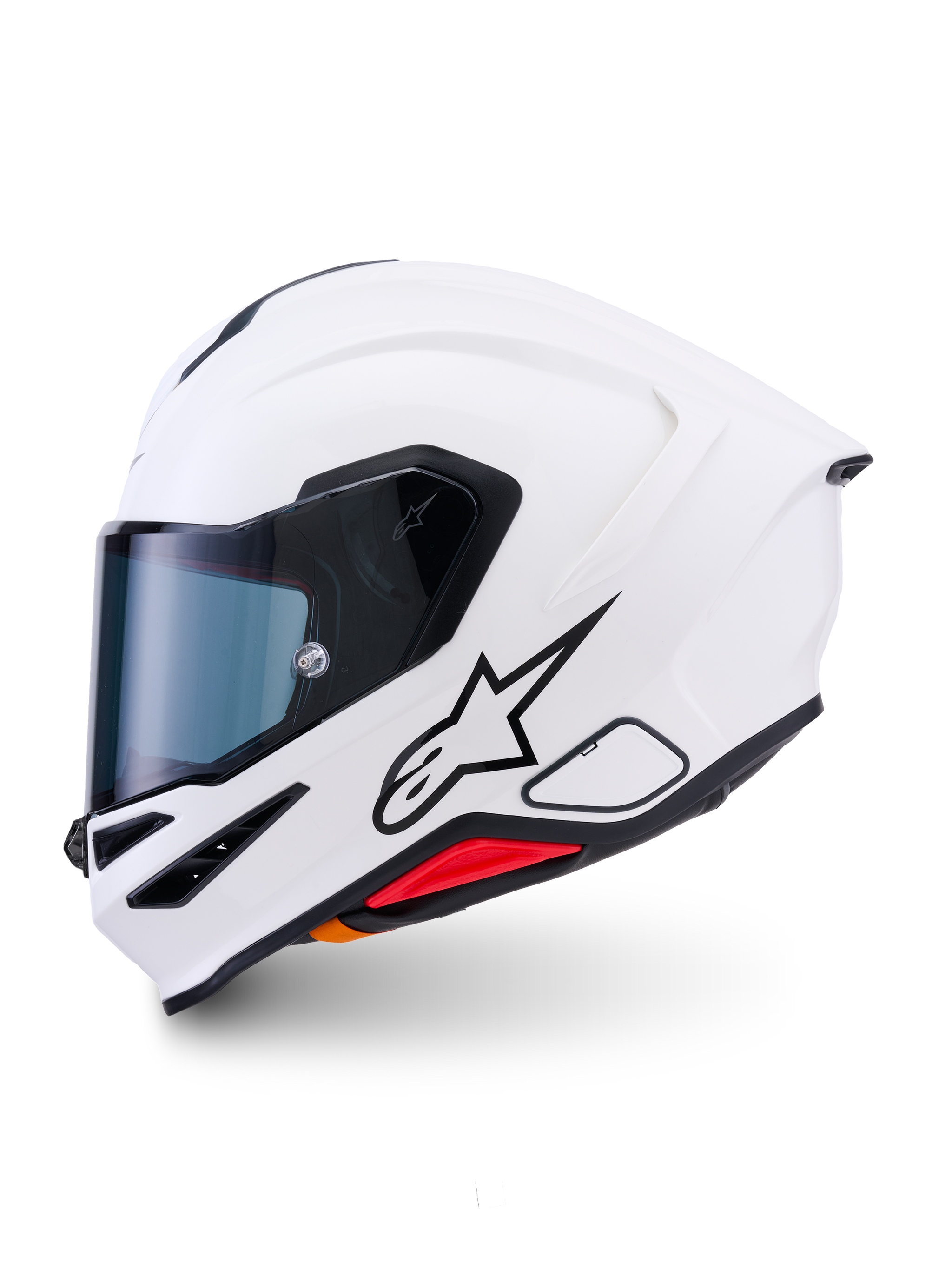 Alpinestars S-R7 Solid Helmet, full-face motorcycle helmet, White Glossy, sleek aerodynamic shell with an integrated rear spoiler, clear visor, and multiple ventilation ports, high-performance racing and sport protective gear