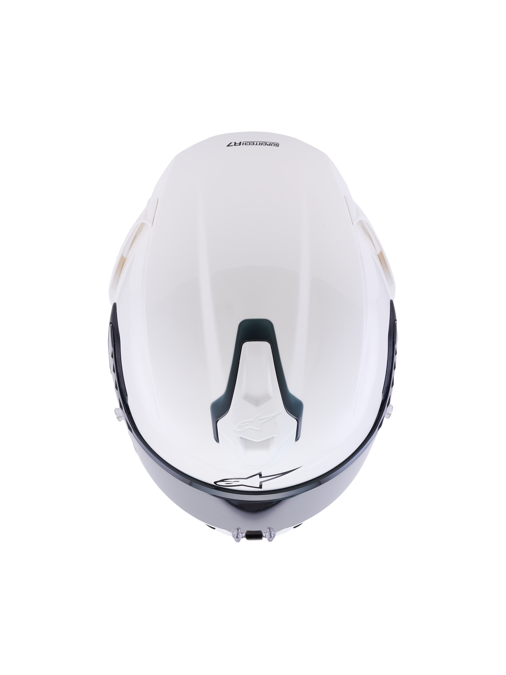 Alpinestars S-R7 Solid Helm, Glänzend Weißer Integralmotorradhelm, Draufsicht zeigt die aerodynamische Schale, verschiebbarer oberer Belüftungsschlitz mit schwarzen Akzenten und charakteristischem Stern-Logo, schlankes, vom Rennsport inspiriertes Design für Stabilität bei hohen Geschwindigkeiten.