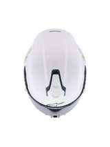 Alpinestars S-R7 Solid Helmet, White Glossy full-face motorcycle helmet, top-down view showing the aerodynamic shell, slidable top ventilation port with black accents, and signature star logo, sleek racing-inspired design for high-speed stability.