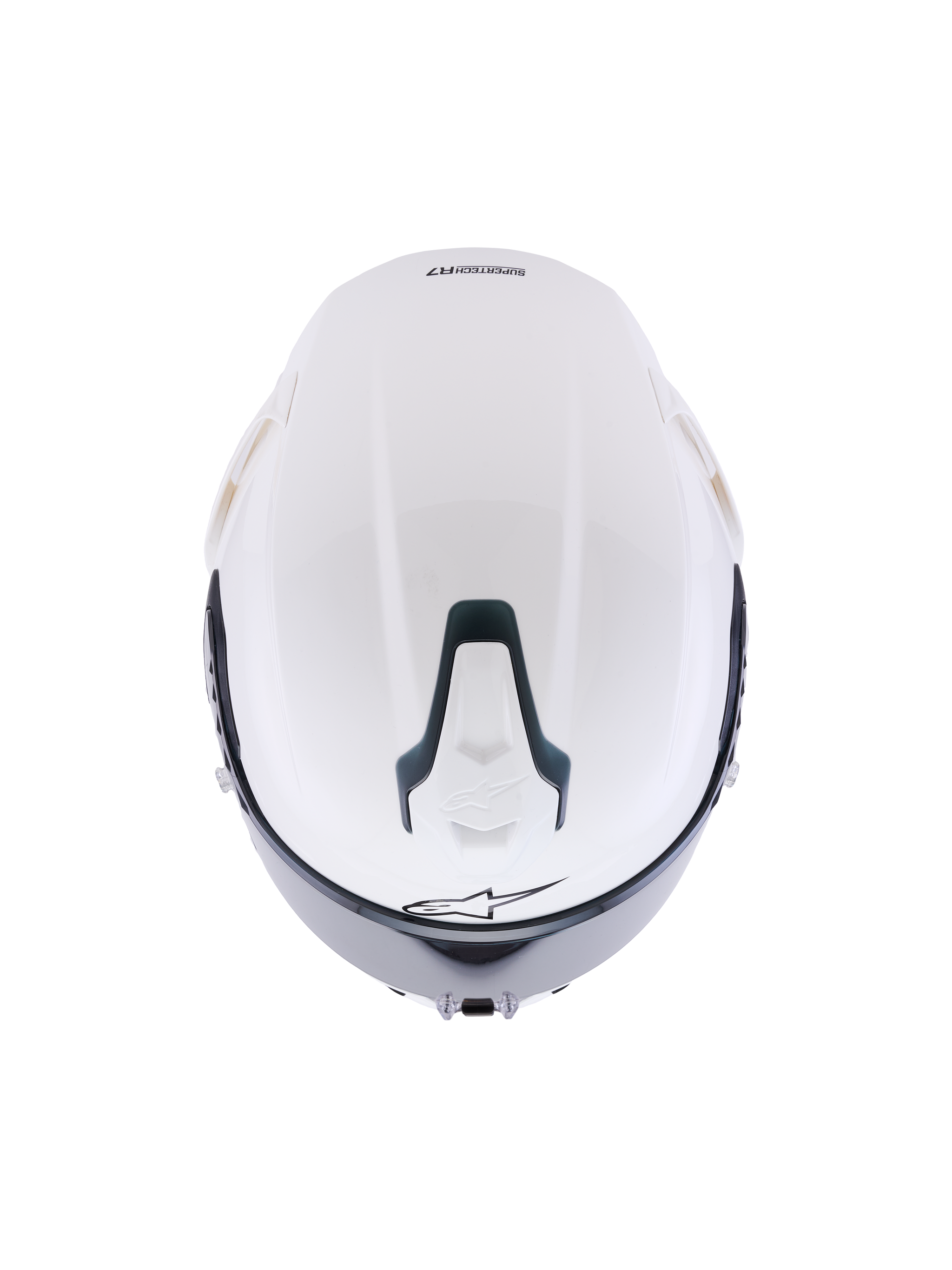 Alpinestars S-R7 Solid Helmet, White Glossy full-face motorcycle helmet, top-down view showing the aerodynamic shell, slidable top ventilation port with black accents, and signature star logo, sleek racing-inspired design for high-speed stability.