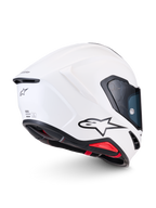 Alpinestars S-R7 Solid Helm ECE06/DOT, weißer Integral-Motorradrennhelm, Seiten- und Rückansicht mit aerodynamischer Kohlefaserverbundschale, schwarzem A-Star-Logo und ECE 22.06 Zertifizierungsdetails