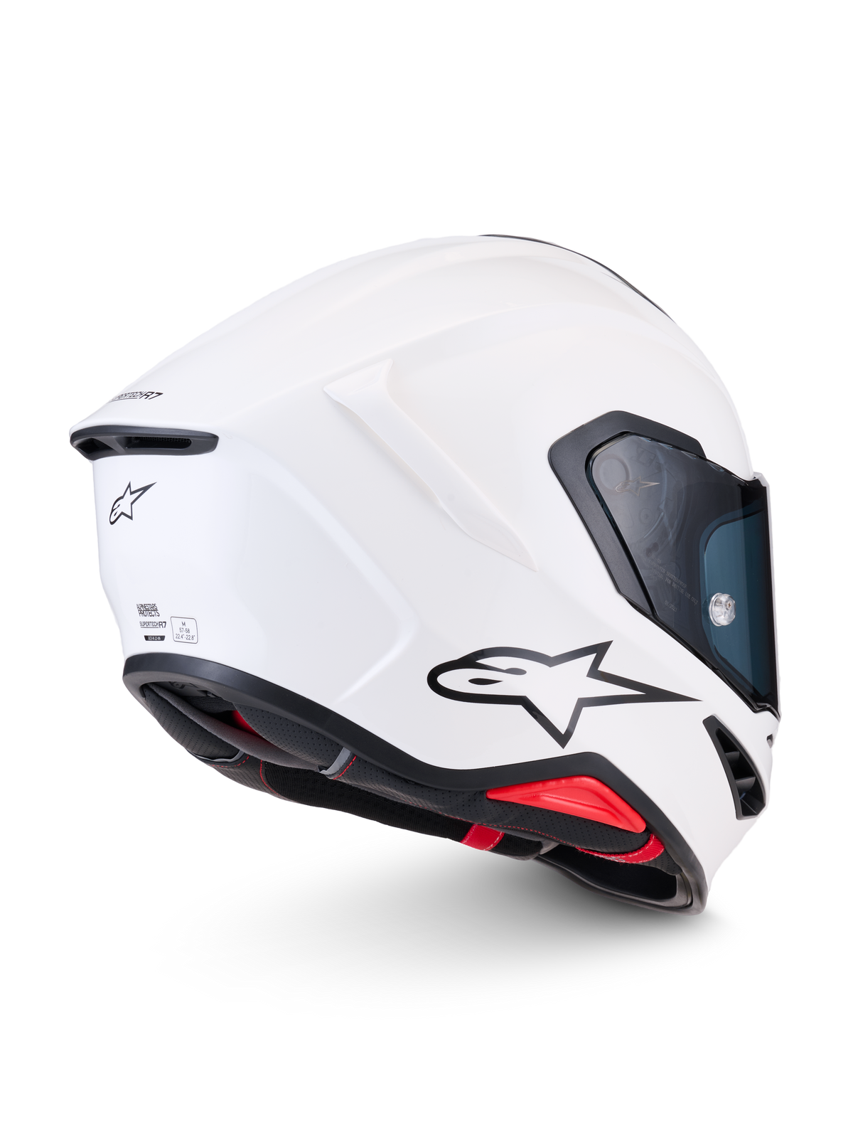 Alpinestars S-R7 Solid Helm ECE06/DOT, weißer Integral-Motorradrennhelm, Seiten- und Rückansicht mit aerodynamischer Kohlefaserverbundschale, schwarzem A-Star-Logo und ECE 22.06 Zertifizierungsdetails