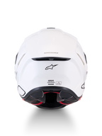 Alpinestars Supertech R7 Helm, weißer Motorradhelm, Rückansicht mit Kohlefaserverbundkonstruktion, Belüftungsöffnung, A-Star-Logo und ECE 22.06-Zertifizierungsetikett