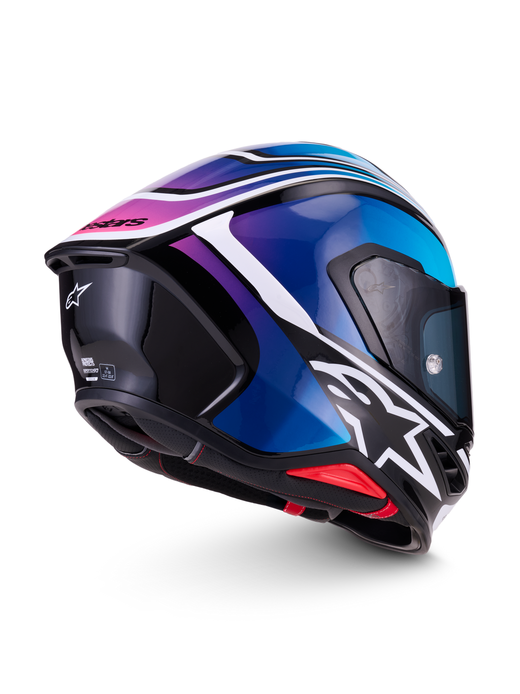 Alpinestars S-R7 Zeal Helmet ECE 22.06, full-face motorcycle road racing helmet in Black, Blue, Pink Fluo, and White Glossy, side and rear angle view showcasing aerodynamic spoiler and graphic design