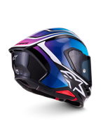 Alpinestars S-R7 Zeal Helmet ECE 22.06, full-face motorcycle road racing helmet in Black, Blue, Pink Fluo, and White Glossy, side and rear angle view showcasing aerodynamic spoiler and graphic design
