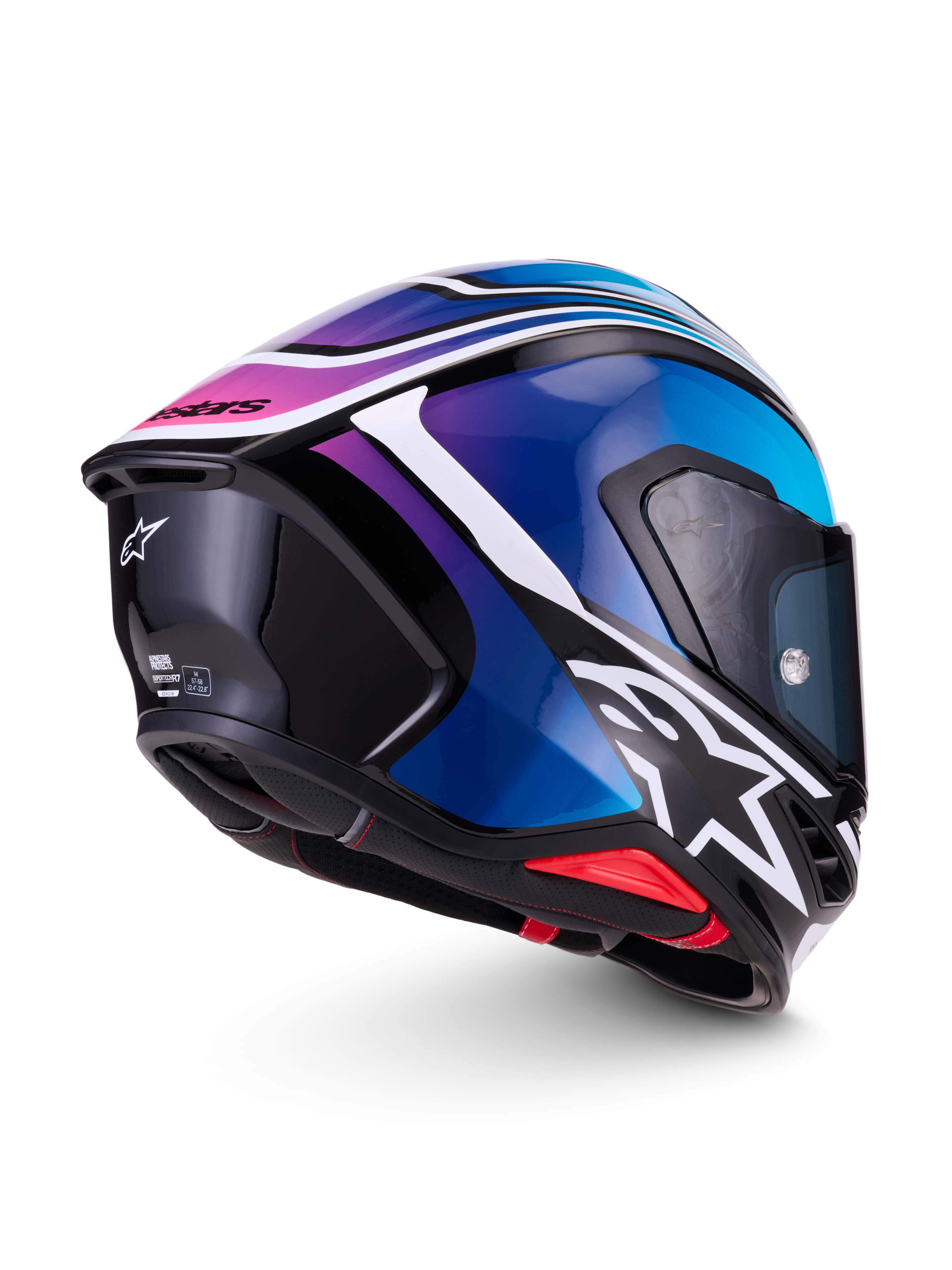 Alpinestars S-R7 Zeal Helmet ECE 22.06, full-face motorcycle road racing helmet in Black, Blue, Pink Fluo, and White Glossy, side and rear angle view showcasing aerodynamic spoiler and graphic design
