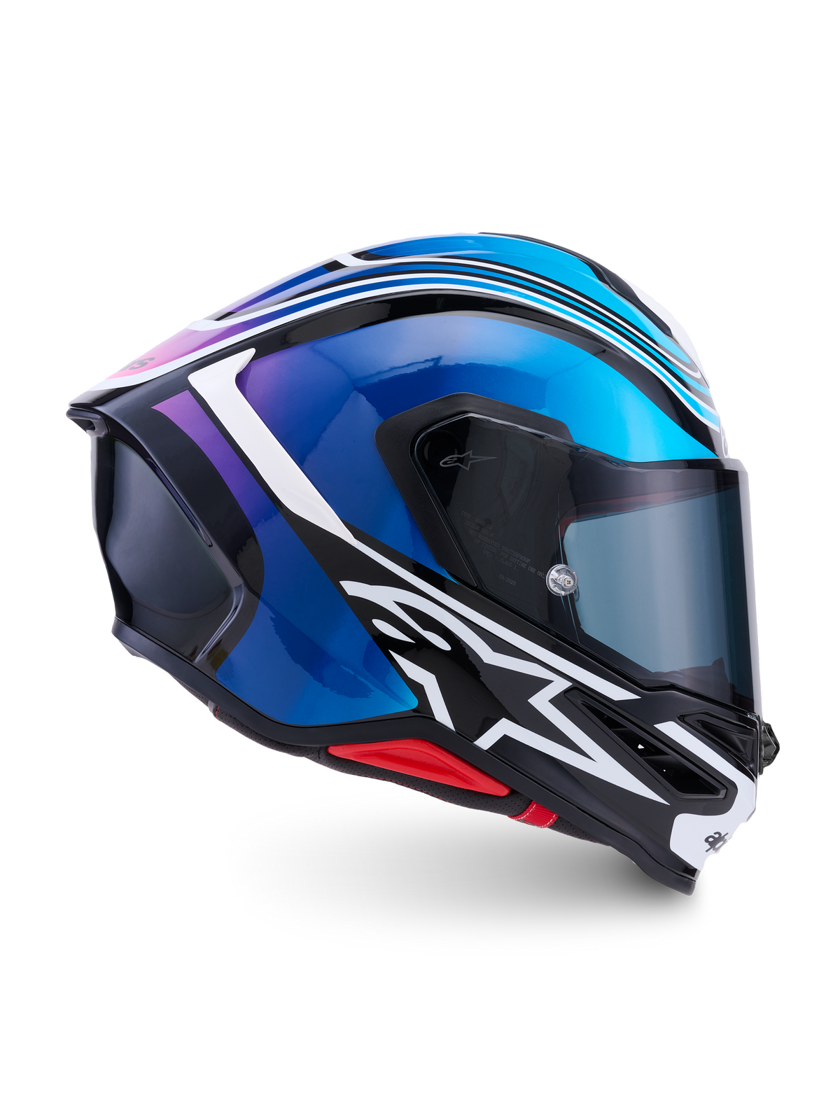 Alpinestars S-R7 Zeal Helm, Integral-Motorradhelm, Schwarz, Blau, Pink Fluo und Weiß, Carbon-Verbundkonstruktion, CE 22.06-zertifiziert, Seitenansicht mit aerodynamischer Schale und Visier