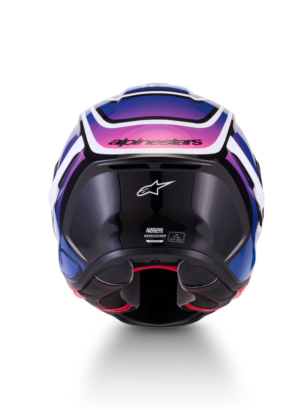 Alpinestars S-R7 Zeal Helmet ECE 22.06, full face motorcycle road helmet, rear view, Black, Blue, and Pink Fluo with White Glossy finish, carbon composite construction