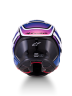 Alpinestars S-R7 Zeal Helmet ECE 22.06, full face motorcycle road helmet, rear view, Black, Blue, and Pink Fluo with White Glossy finish, carbon composite construction