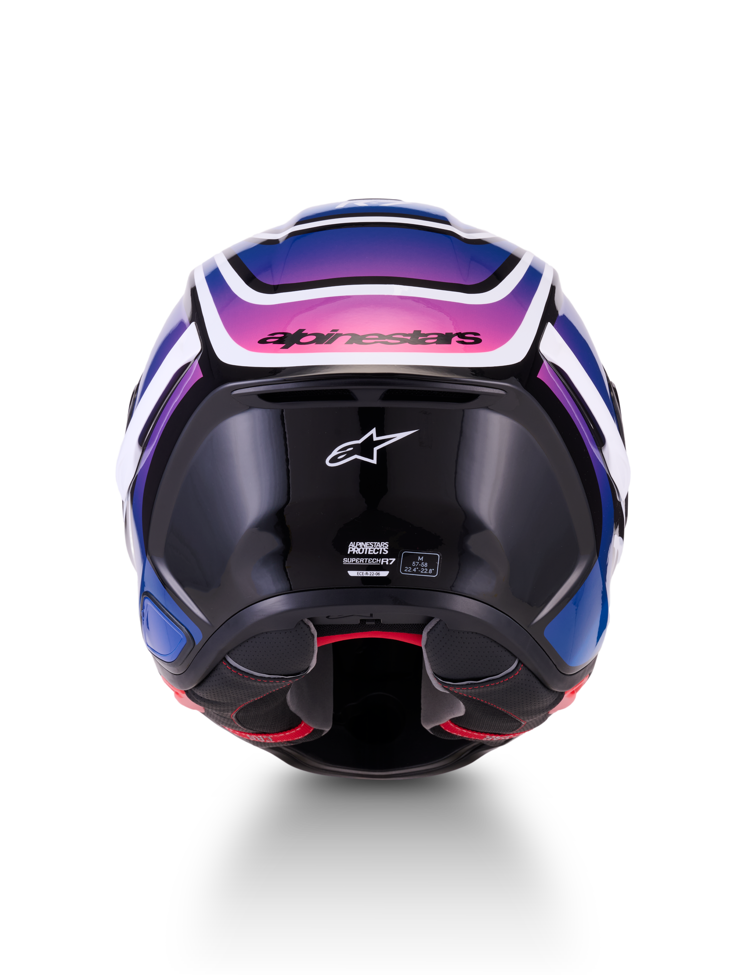 Alpinestars S-R7 Zeal Helmet ECE 22.06, full face motorcycle road helmet, rear view, Black, Blue, and Pink Fluo with White Glossy finish, carbon composite construction