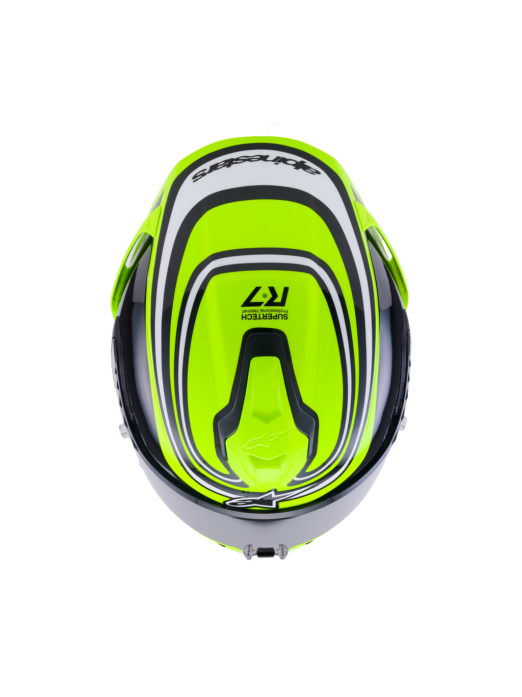 Alpinestars S-R7 Zeal Helmet ECE 22.06, full-face road motorcycle helmet in Yellow Fluo, Black, and White Glossy, top-down view highlighting aerodynamic design, ventilation vents, and Supertech R7 branding details