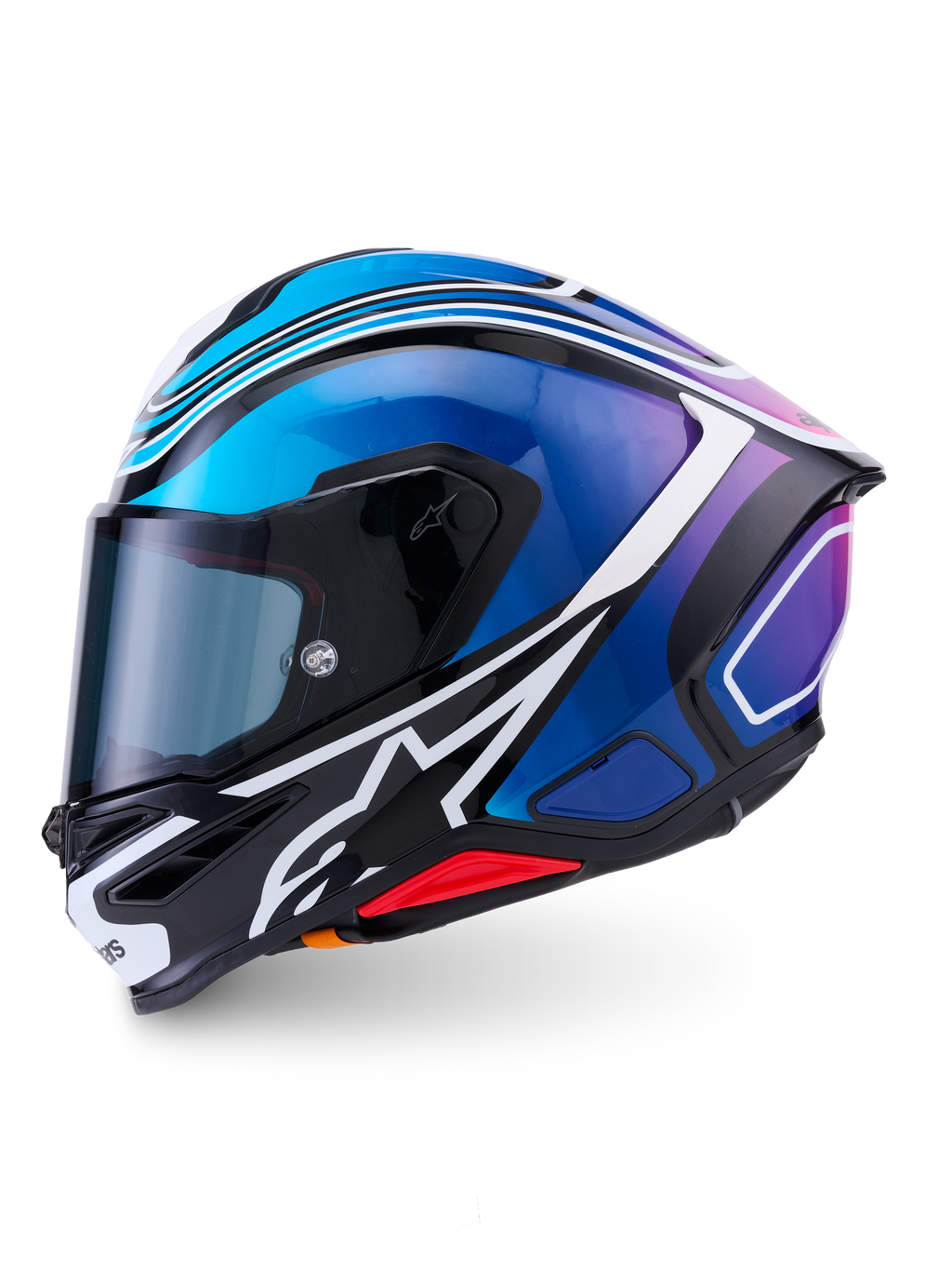 Alpinestars S-R7 Zeal Helmet ECE 22.06, full-face road racing motorcycle helmet in Black, Blue, Pink Fluo, and White Glossy, carbon construction