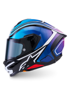Alpinestars S-R7 Zeal Helmet ECE 22.06, full-face road racing motorcycle helmet in Black, Blue, Pink Fluo, and White Glossy, carbon construction