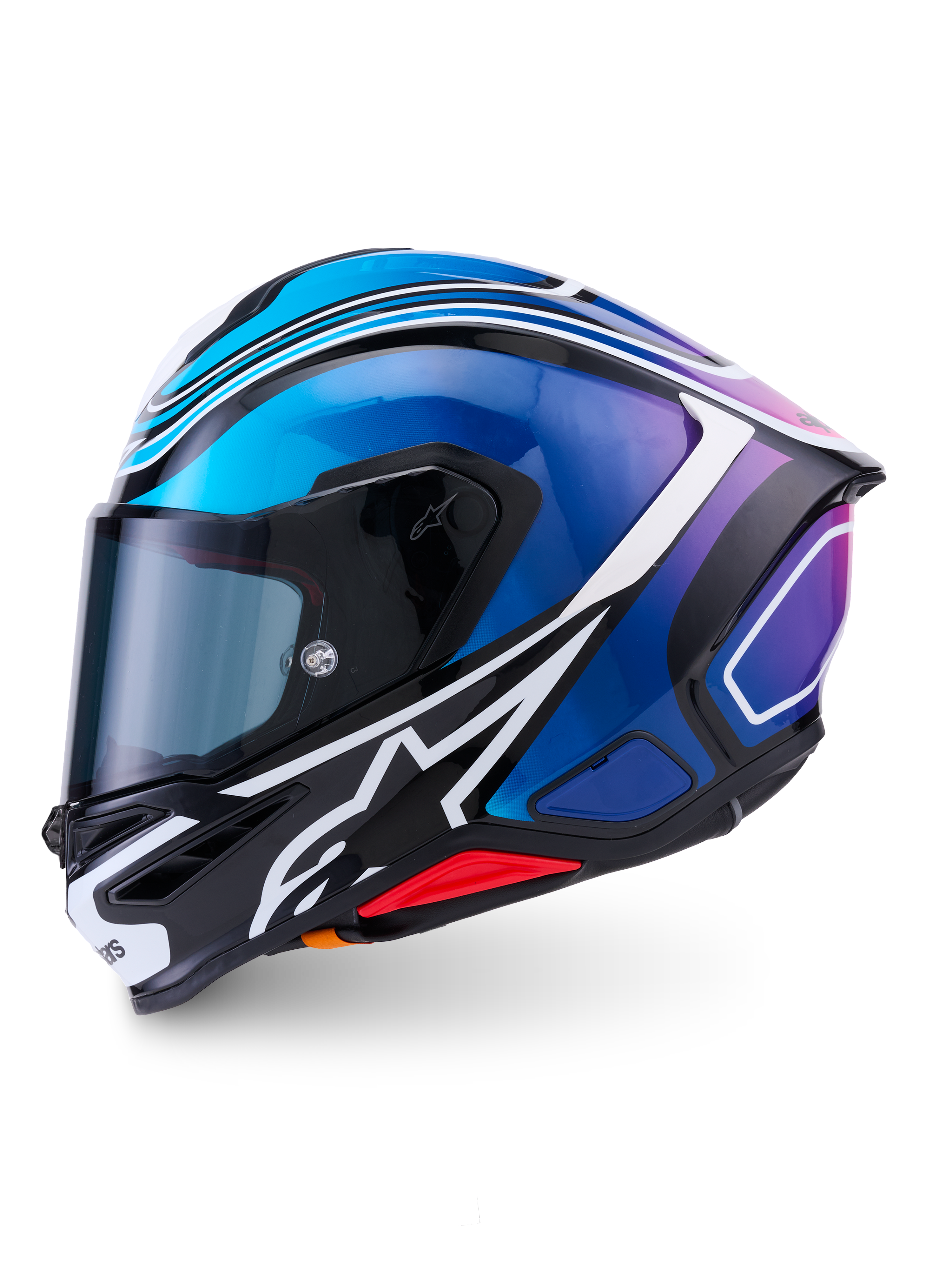 Alpinestars S-R7 Zeal Helmet ECE 22.06, full-face road racing motorcycle helmet in Black, Blue, Pink Fluo, and White Glossy, carbon construction