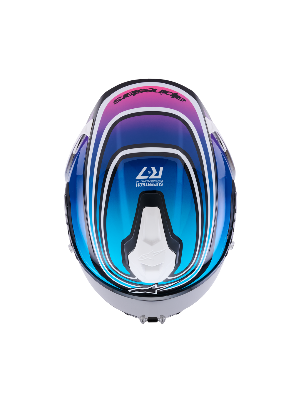 Alpinestars S-R7 Zeal Helmet ECE 22.06, full face motorcycle racing helmet, top view showing black, blue, pink, and white glossy graphic finish with aerodynamic ventilation features