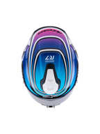 Alpinestars S-R7 Zeal Helmet ECE 22.06, full face motorcycle racing helmet, top view showing black, blue, pink, and white glossy graphic finish with aerodynamic ventilation features