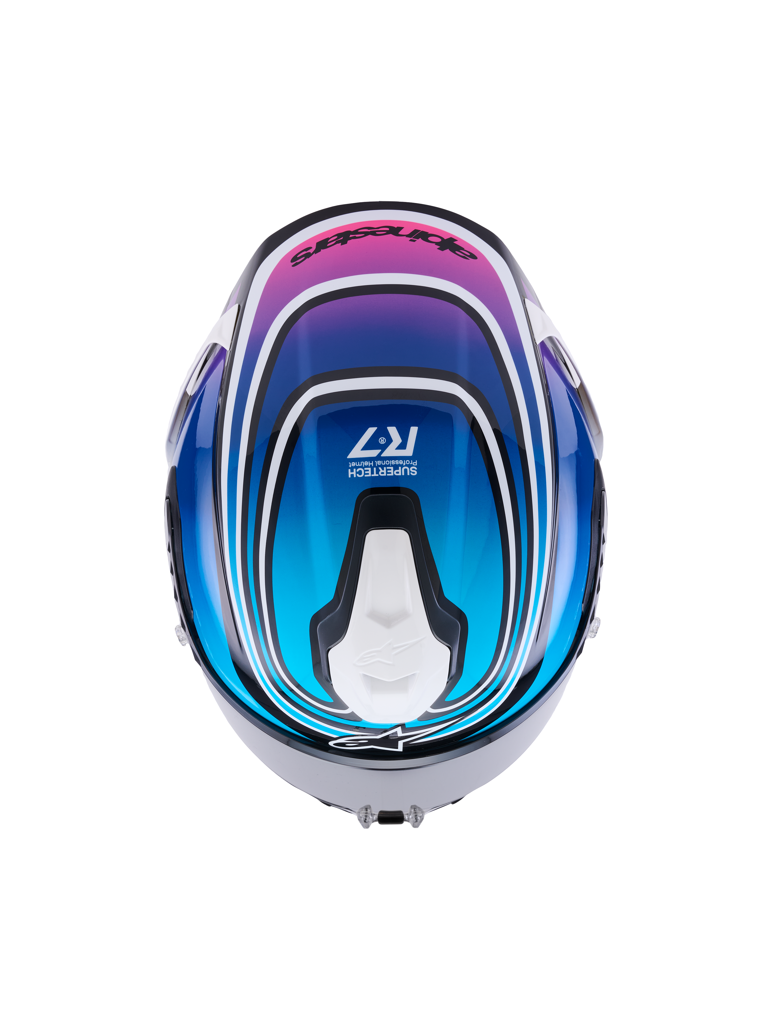 Alpinestars S-R7 Zeal Helmet ECE 22.06, full face motorcycle racing helmet, top view showing black, blue, pink, and white glossy graphic finish with aerodynamic ventilation features