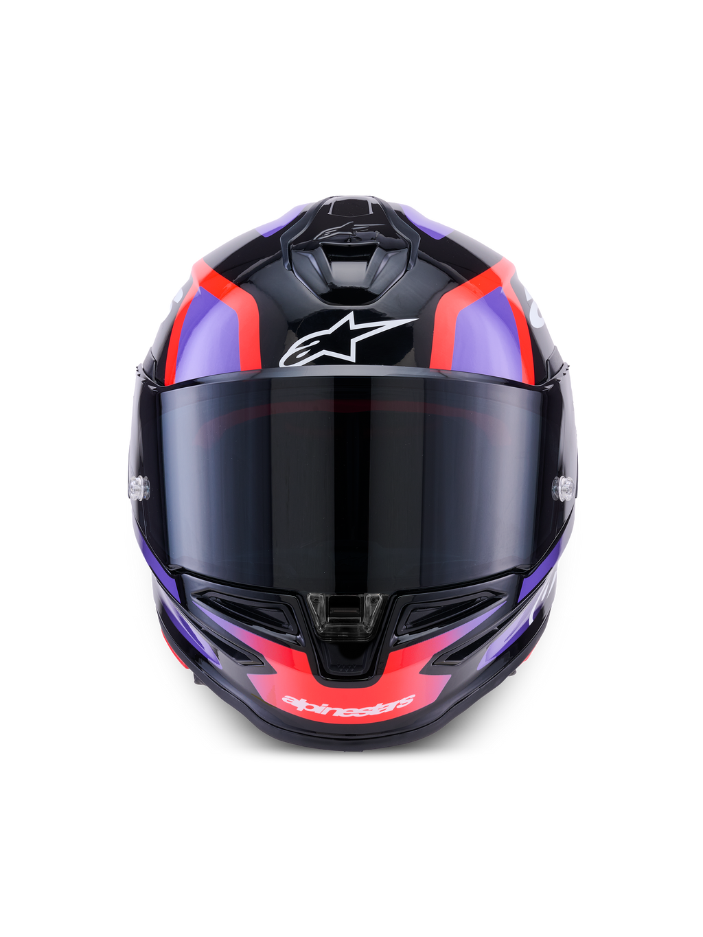 Alpinestars S-R7 Lumen Helm, Integral-Motorradhelm, Schwarz, Lila und Fluo-Rot mit weißen Akzenten, glänzende Oberfläche, ECE-zertifizierte Kohlefaser-Konstruktion