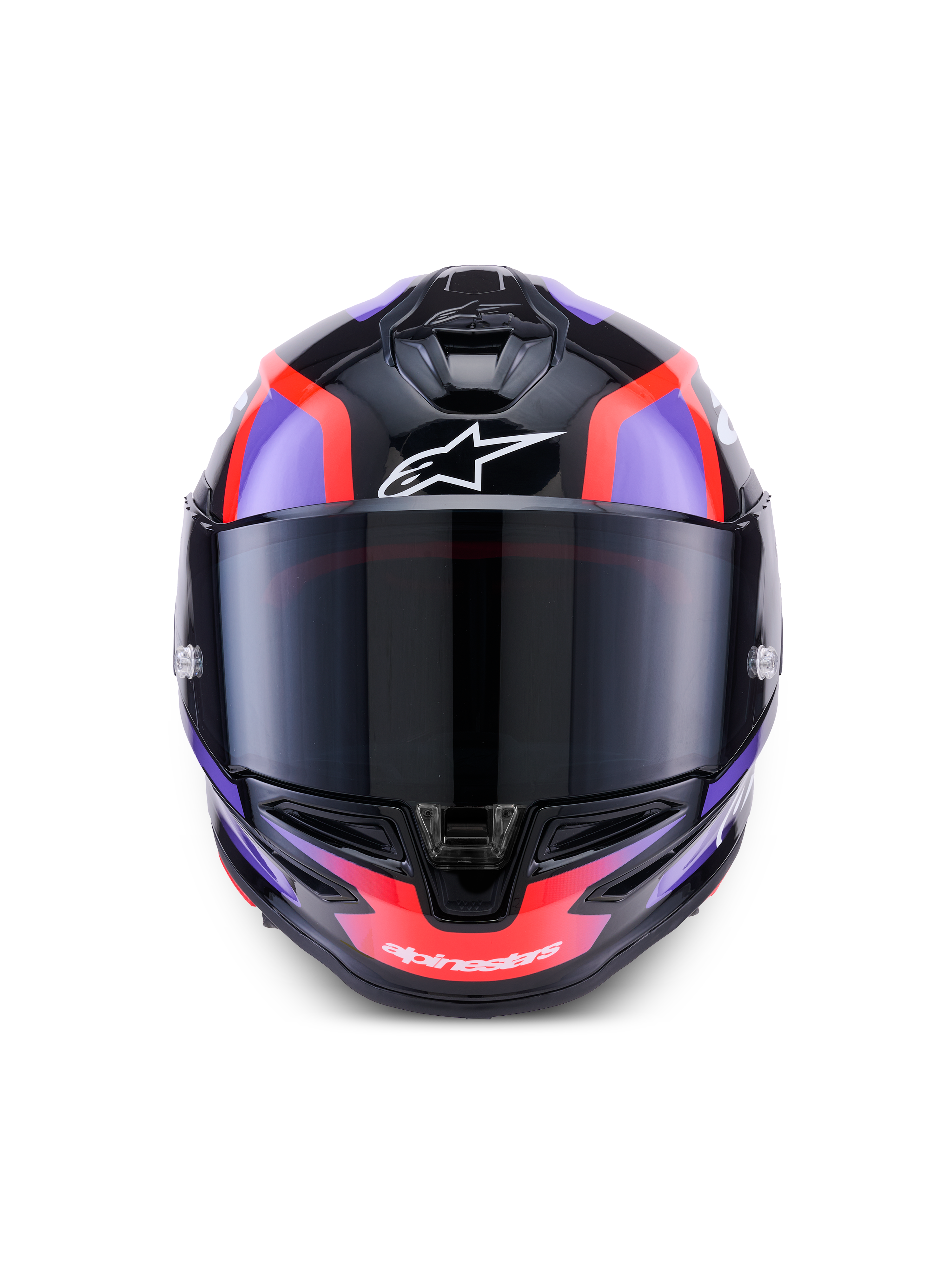 Alpinestars S-R7 Lumen Helm, Integral-Motorradhelm, Schwarz, Lila und Fluo-Rot mit weißen Akzenten, glänzende Oberfläche, ECE-zertifizierte Kohlefaser-Konstruktion