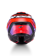 Alpinestars S-R7 Lumen Helm ECE 22.06, Integral-Motorradrennhelm, Rückansicht mit Kohlefaserverbundkonstruktion und aerodynamischem Spoiler in Schwarz, Lila, Leuchtrot und Weiß glänzend
