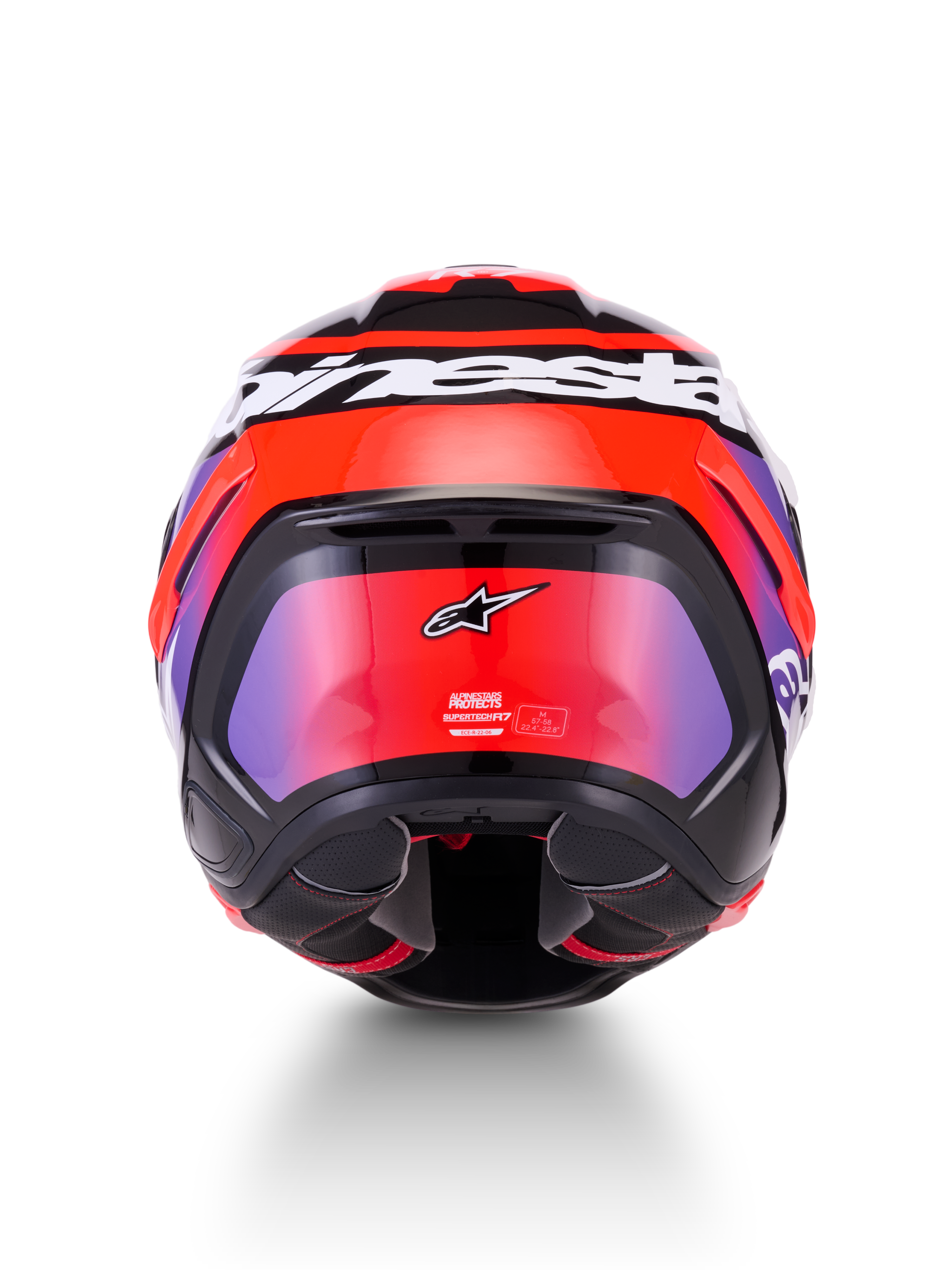 Alpinestars S-R7 Lumen Helm ECE 22.06, Integral-Motorradrennhelm, Rückansicht mit Kohlefaserverbundkonstruktion und aerodynamischem Spoiler in Schwarz, Lila, Leuchtrot und Weiß glänzend