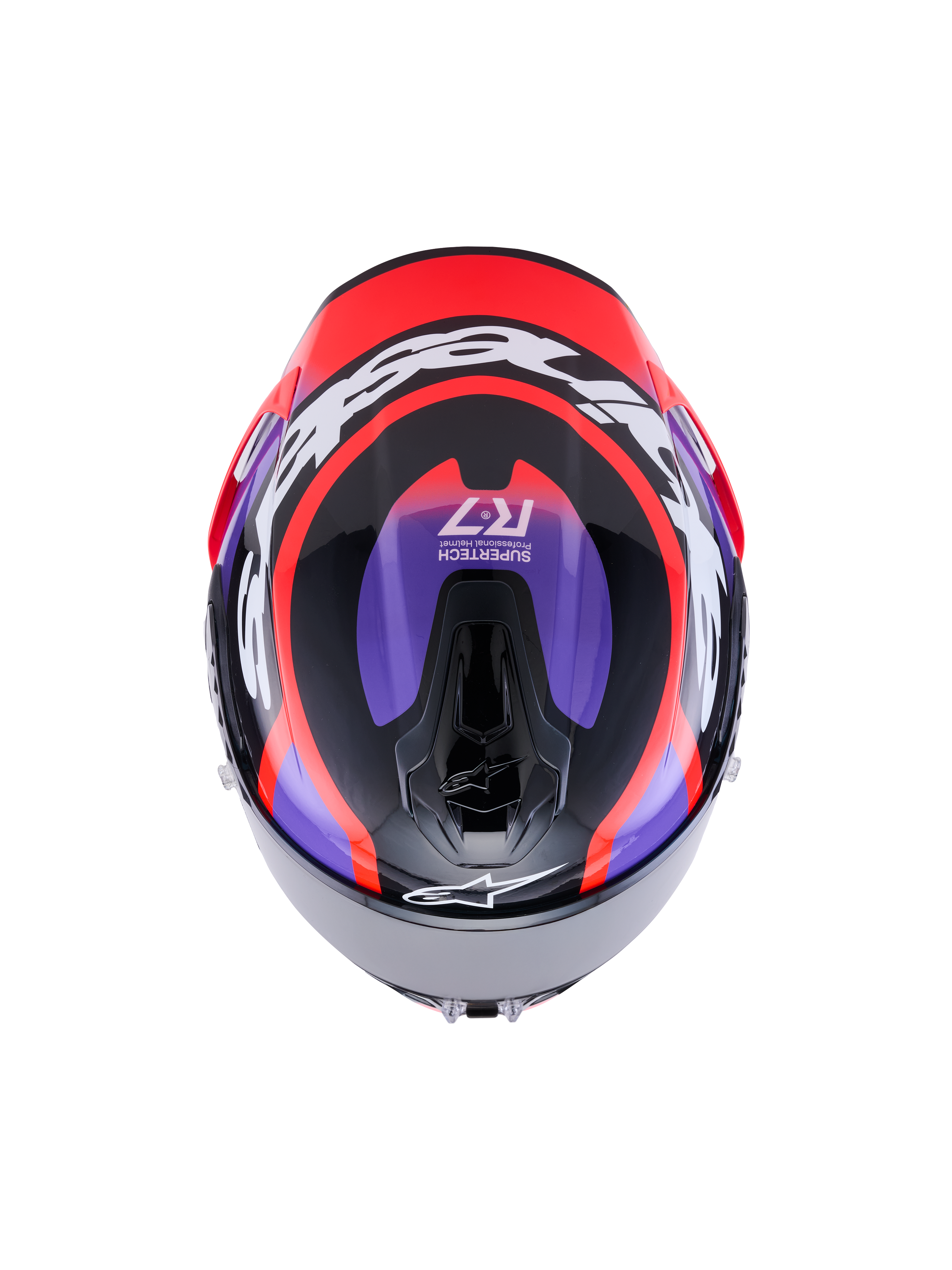 Alpinestars S-R7 Lumen Helm, Integral-Motorradhelm ECE 22.06, Draufsicht der Kohlefaserverbundkonstruktion in Schwarz, Violett, Leuchtrot und glänzendem Weiß