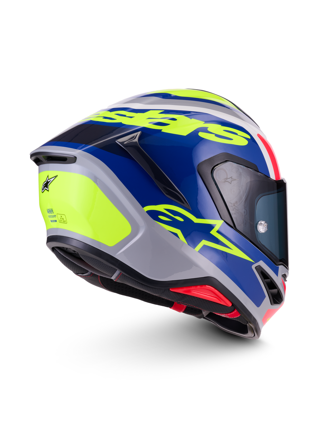 Alpinestars S-R7 Lumen Helmet ECE 22.06, full face motorcycle racing helmet, silver, blue, pink and yellow glossy finish with carbon composite construction