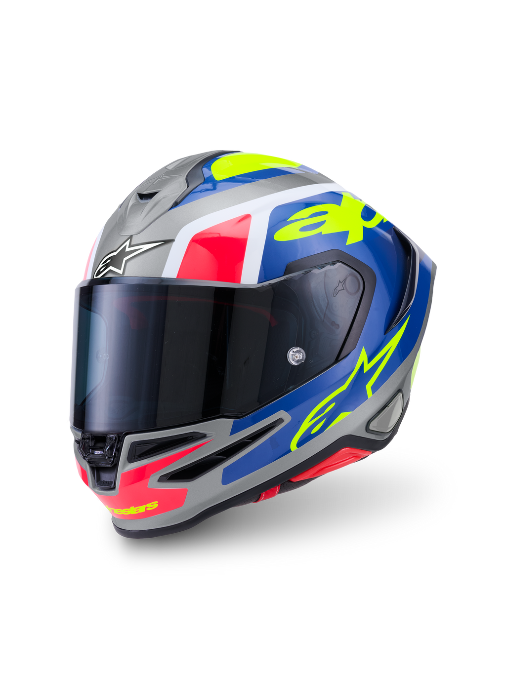Alpinestars S-R7 Lumen Helmet ECE 22.06, full face motorcycle racing helmet, Silver, Blue, Pink, and Yellow glossy finish, carbon composite construction