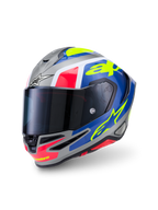 Alpinestars S-R7 Lumen Helmet ECE 22.06, full face motorcycle racing helmet, Silver, Blue, Pink, and Yellow glossy finish, carbon composite construction