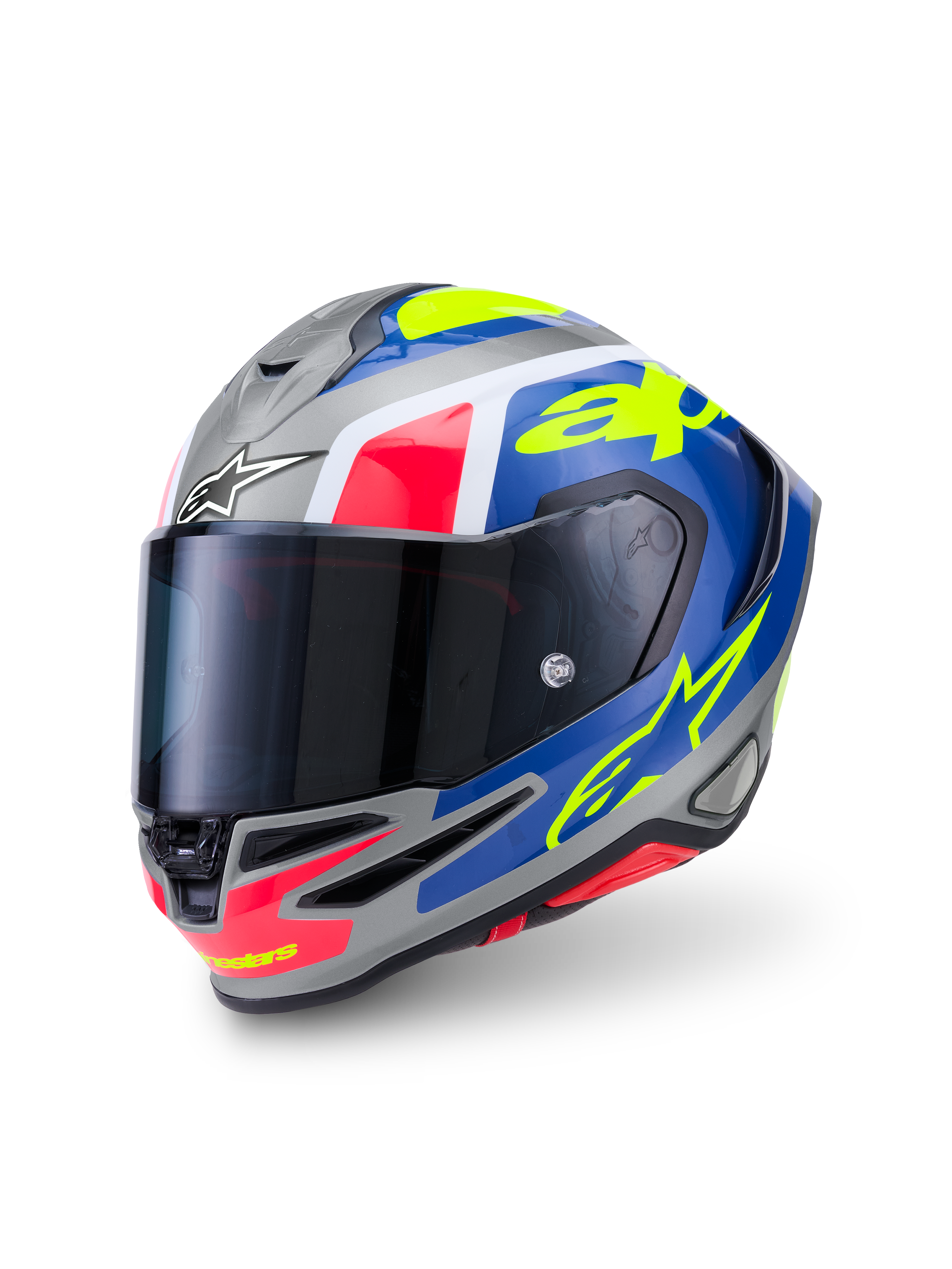Alpinestars S-R7 Lumen Helmet ECE 22.06, full face motorcycle racing helmet, Silver, Blue, Pink, and Yellow glossy finish, carbon composite construction