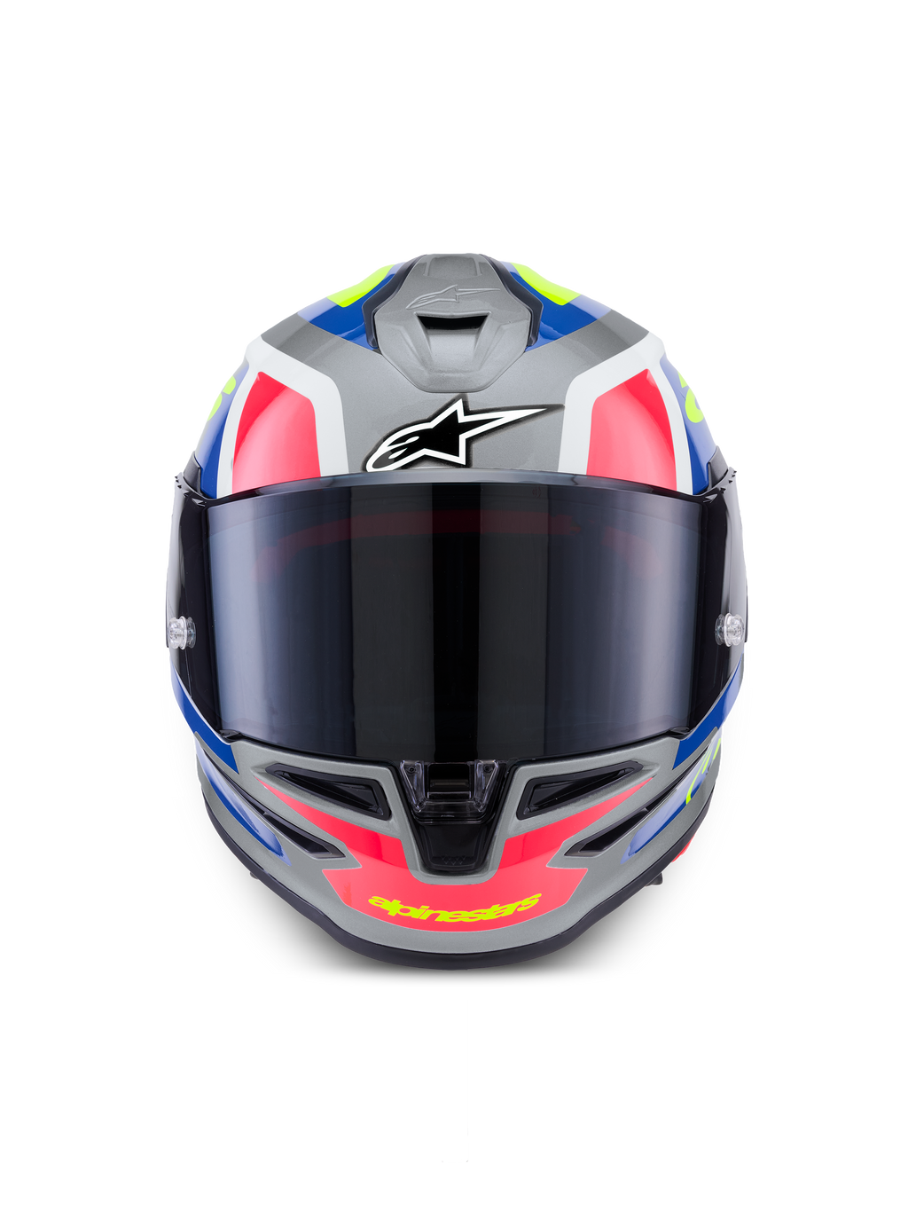 Alpinestars S-R7 Lumen Helmet ECE 22.06, full face motorcycle racing helmet, silver, pink, and yellow gloss finish with aerodynamic design and tinted visor