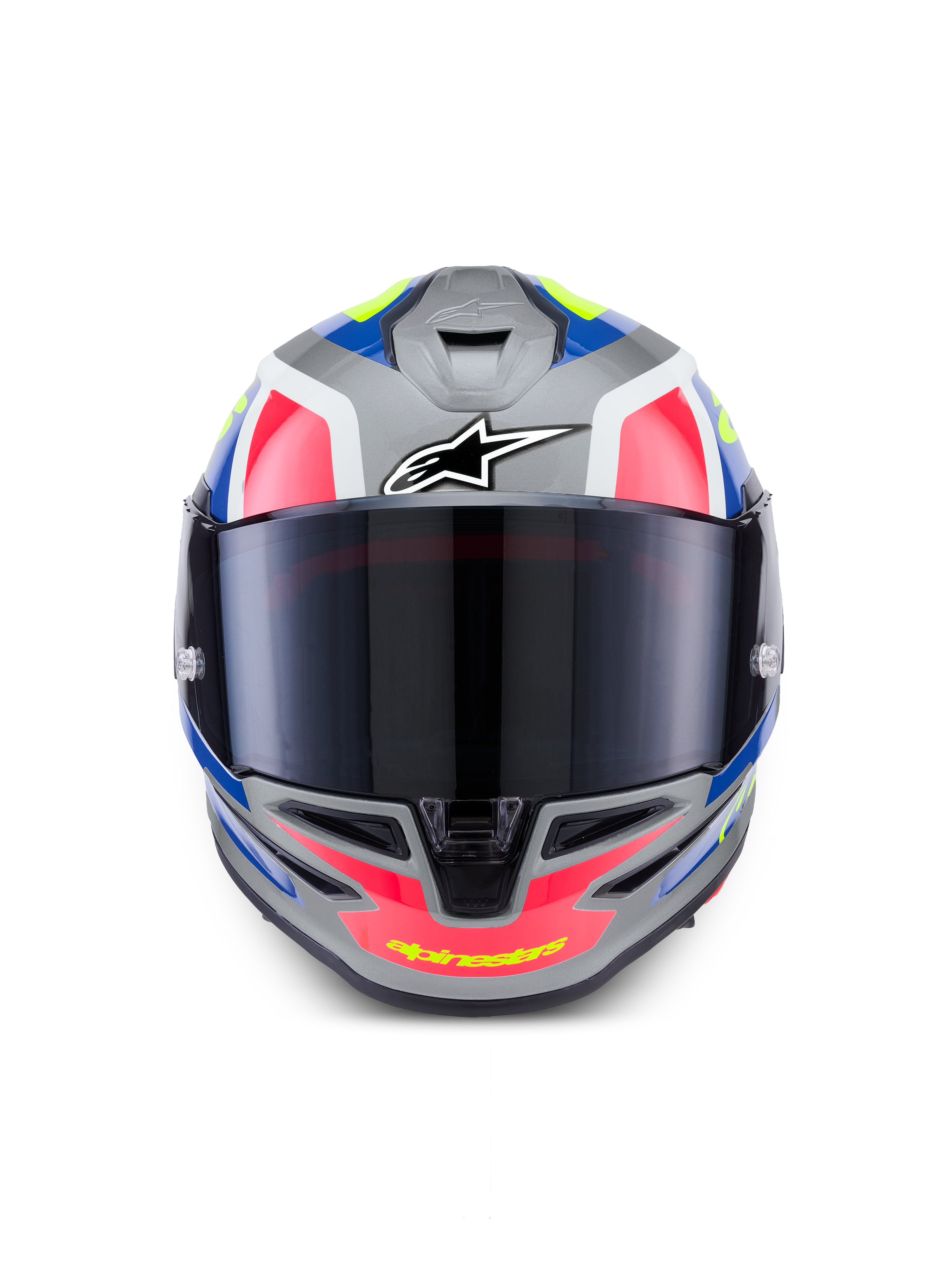 Alpinestars S-R7 Lumen Helmet ECE 22.06, full face motorcycle racing helmet, silver, pink, and yellow gloss finish with aerodynamic design and tinted visor