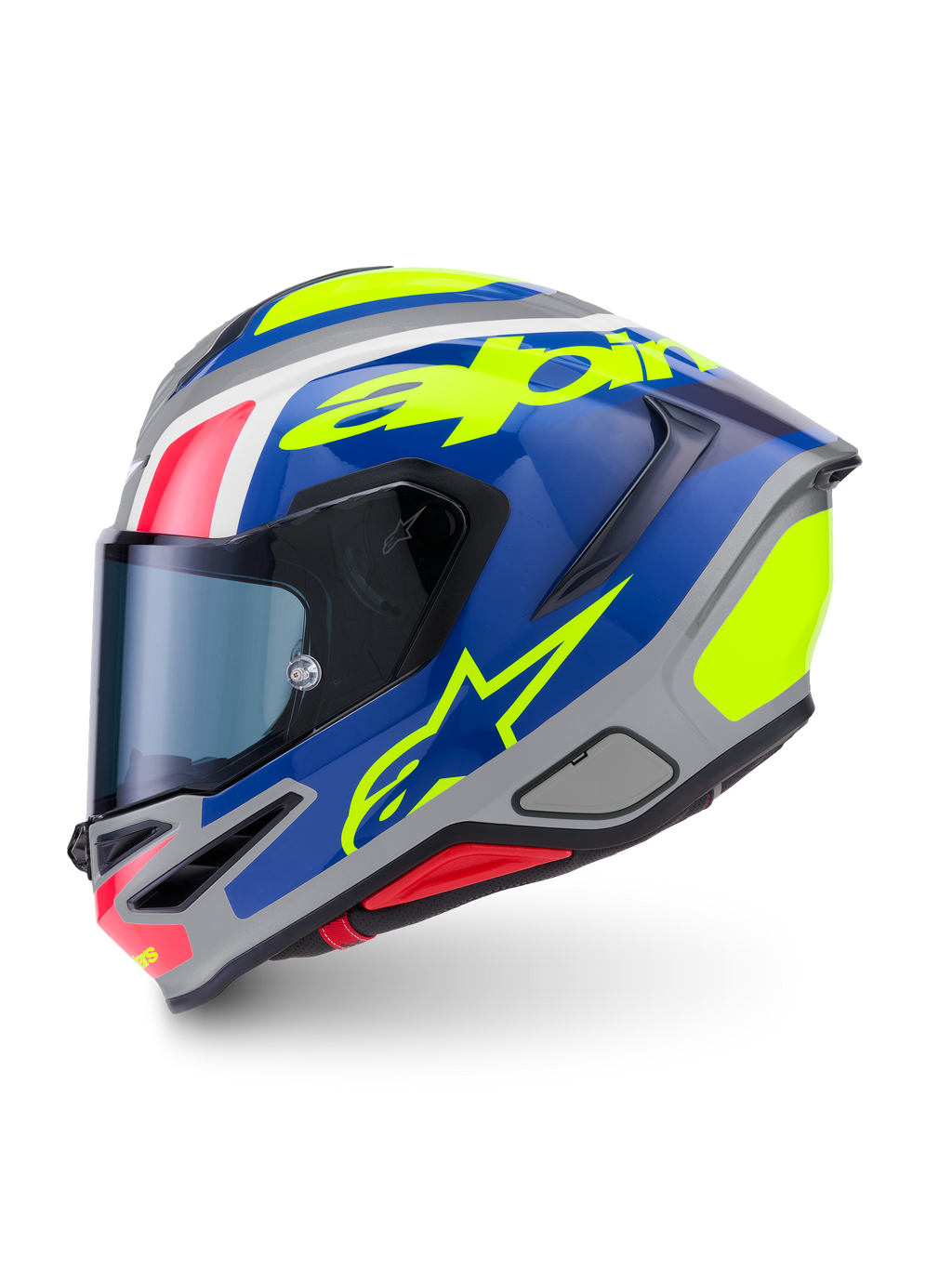 Alpinestars S-R7 Lumen Helmet ECE 22.06, full face motorcycle racing helmet, Silver, Blue, Pink, and Yellow Glossy, aerodynamic carbon composite construction