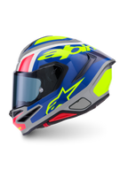 Alpinestars S-R7 Lumen Helmet ECE 22.06, full face motorcycle racing helmet, Silver, Blue, Pink, and Yellow Glossy, aerodynamic carbon composite construction