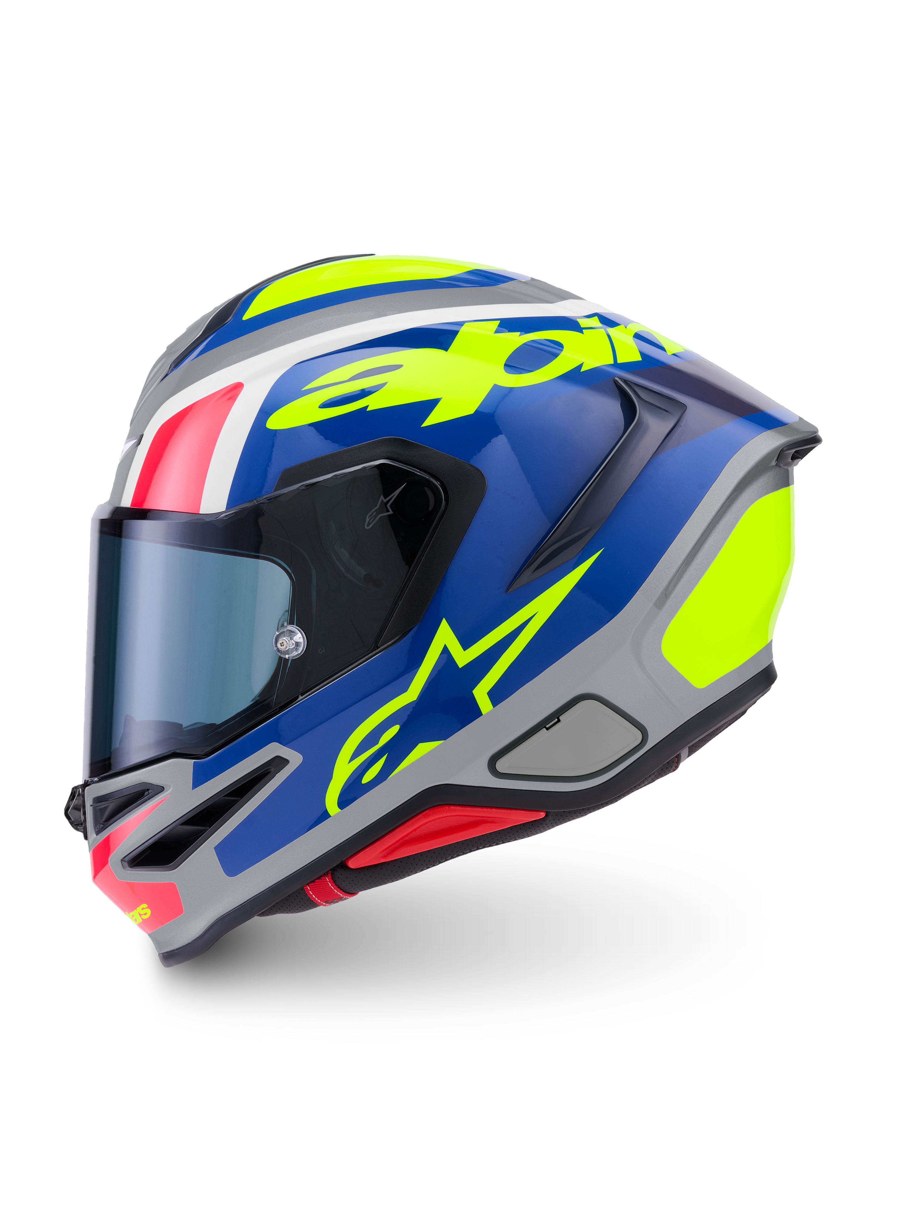 Alpinestars S-R7 Lumen Helmet ECE 22.06, full face motorcycle racing helmet, Silver, Blue, Pink, and Yellow Glossy, aerodynamic carbon composite construction