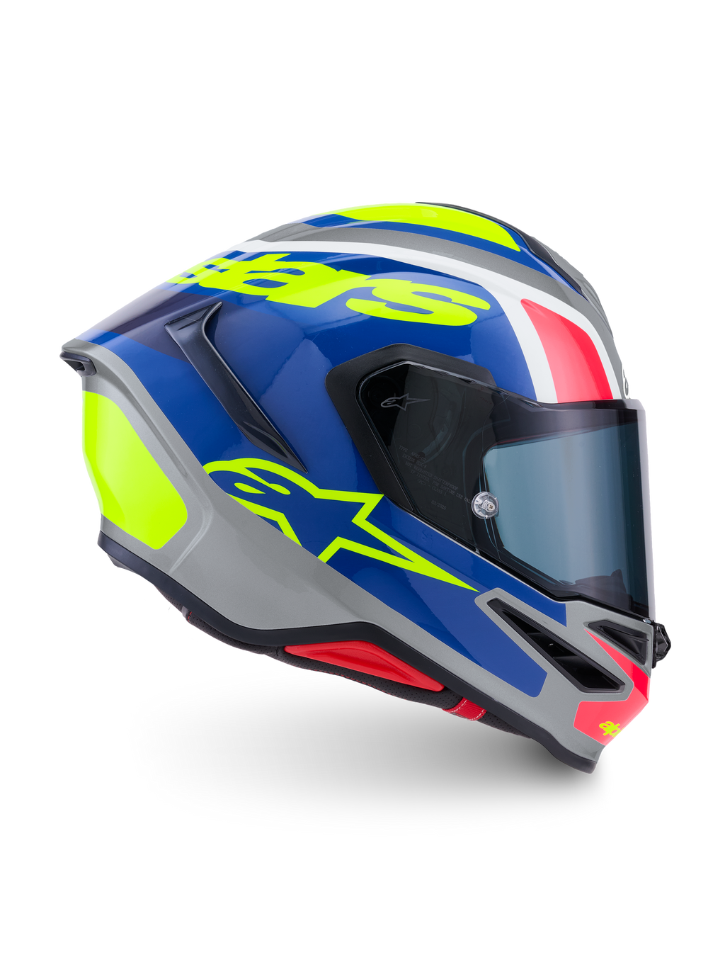 Alpinestars S-R7 Lumen Helmet, full face motorcycle racing helmet, Silver, Blue, Pink, and Yellow Glossy, ECE 22.06 certified carbon composite construction