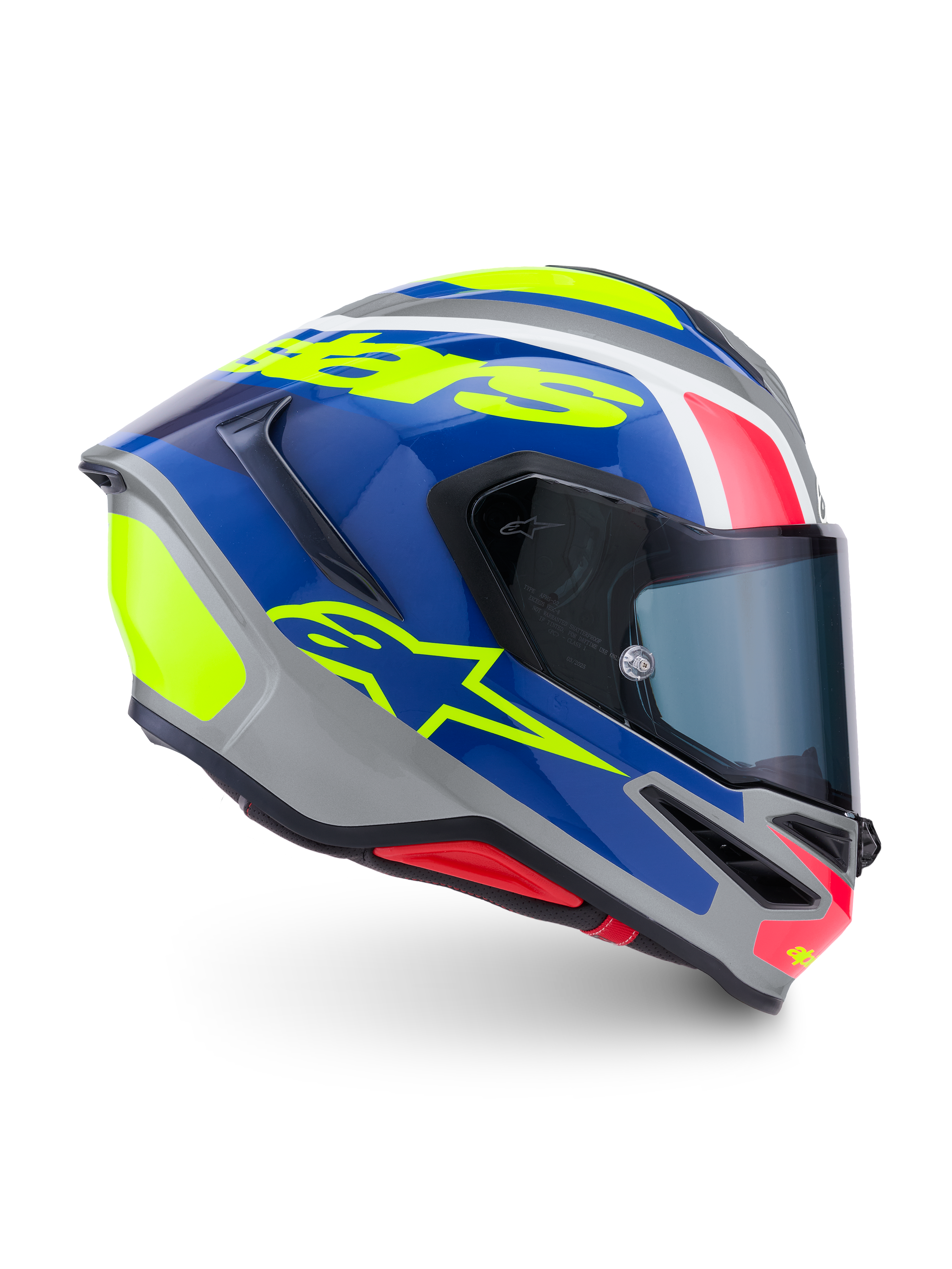 Alpinestars S-R7 Lumen Helmet, full face motorcycle racing helmet, Silver, Blue, Pink, and Yellow Glossy, ECE 22.06 certified carbon composite construction
