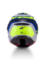 Alpinestars S-R7 Lumen Helmet ECE 22.06, motorcycle road racing helmet, rear view showcasing aerodynamic design, silver, blue, pink, and yellow glossy finish with Alpinestars branding and safety certification details