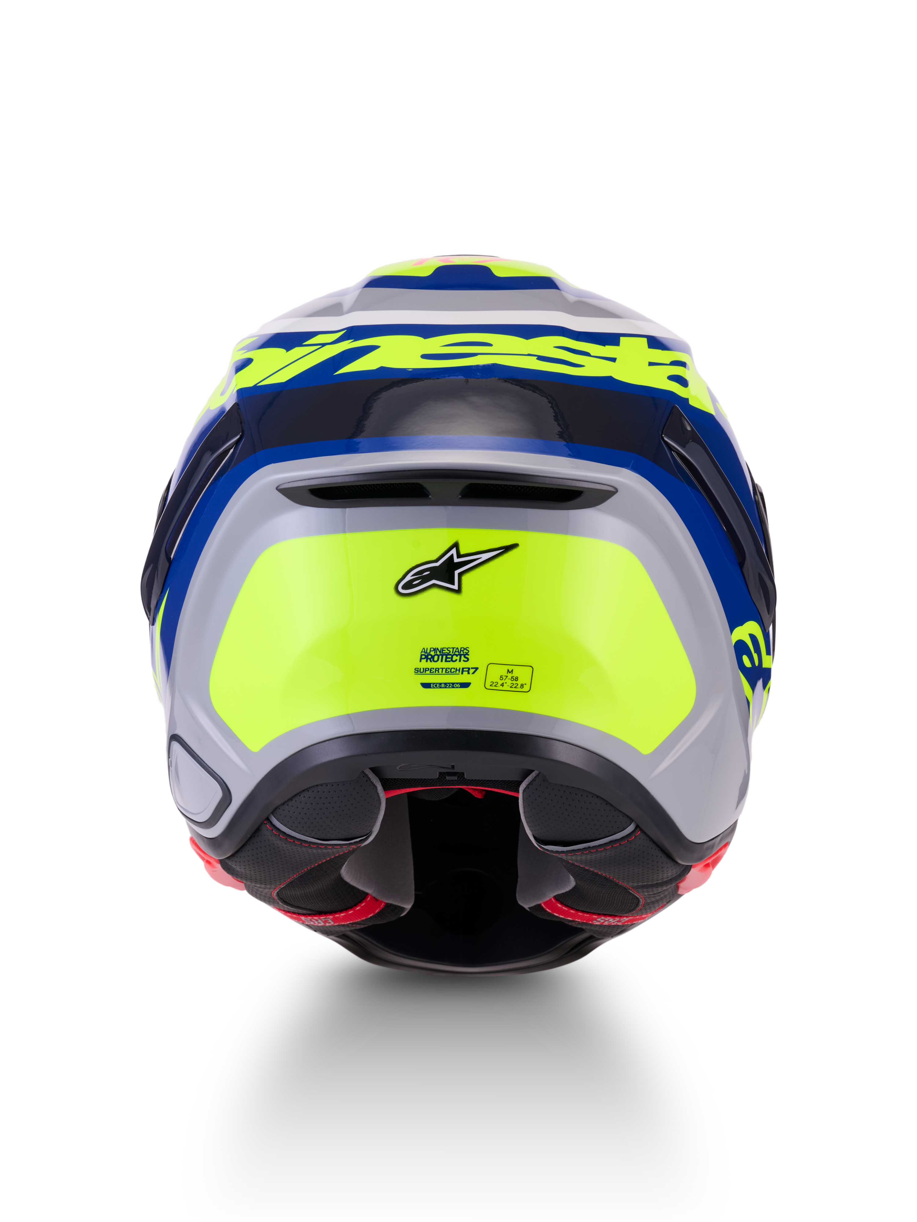 Alpinestars S-R7 Lumen Helmet ECE 22.06, motorcycle road racing helmet, rear view showcasing aerodynamic design, silver, blue, pink, and yellow glossy finish with Alpinestars branding and safety certification details